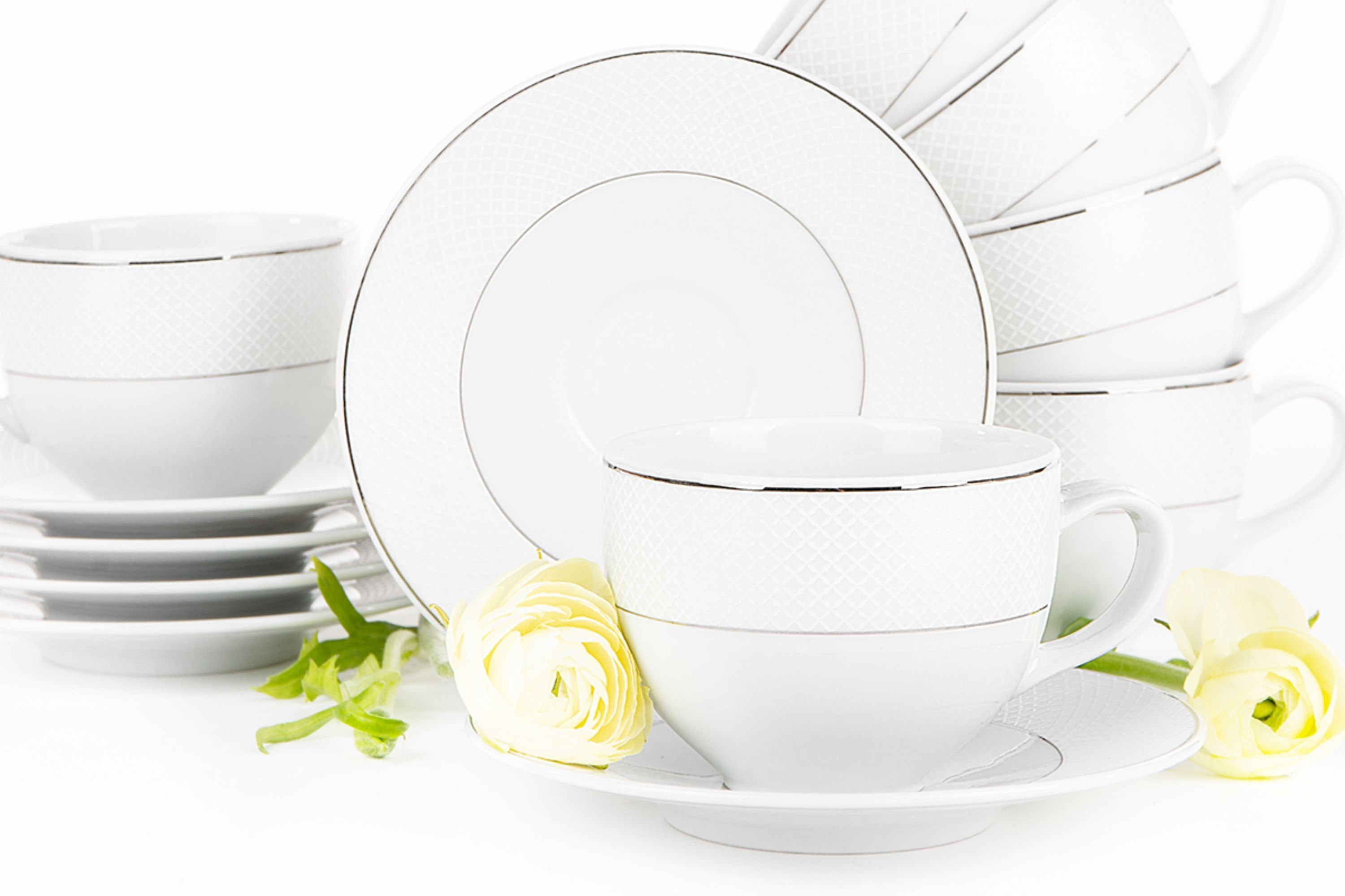 KONSIMO® Kaffeeservice AMELIA Tasse & Untertasse (12-tlg), 6 Personen, Porzellan, Klassisch-Stil