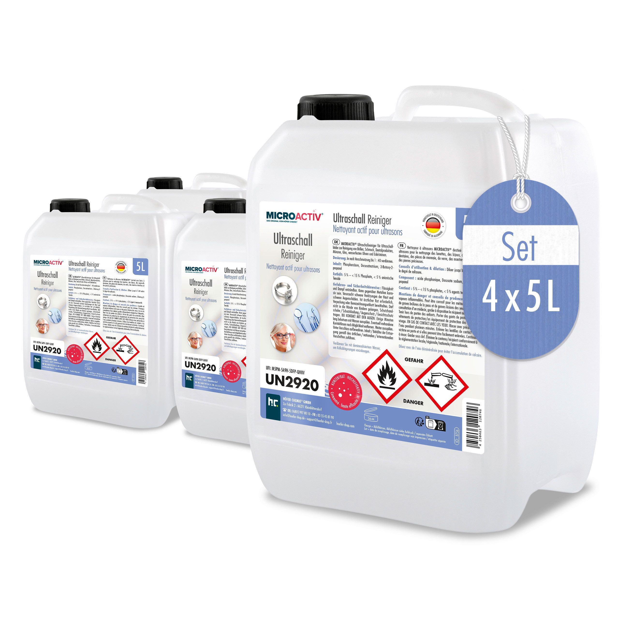 Höfer Chemie GmbH 4x 5 L Microactiv® Ultraschallreiniger für Ultraschallbad Grundreiniger (Gründliche Reinigung für empfindliche Geräte)