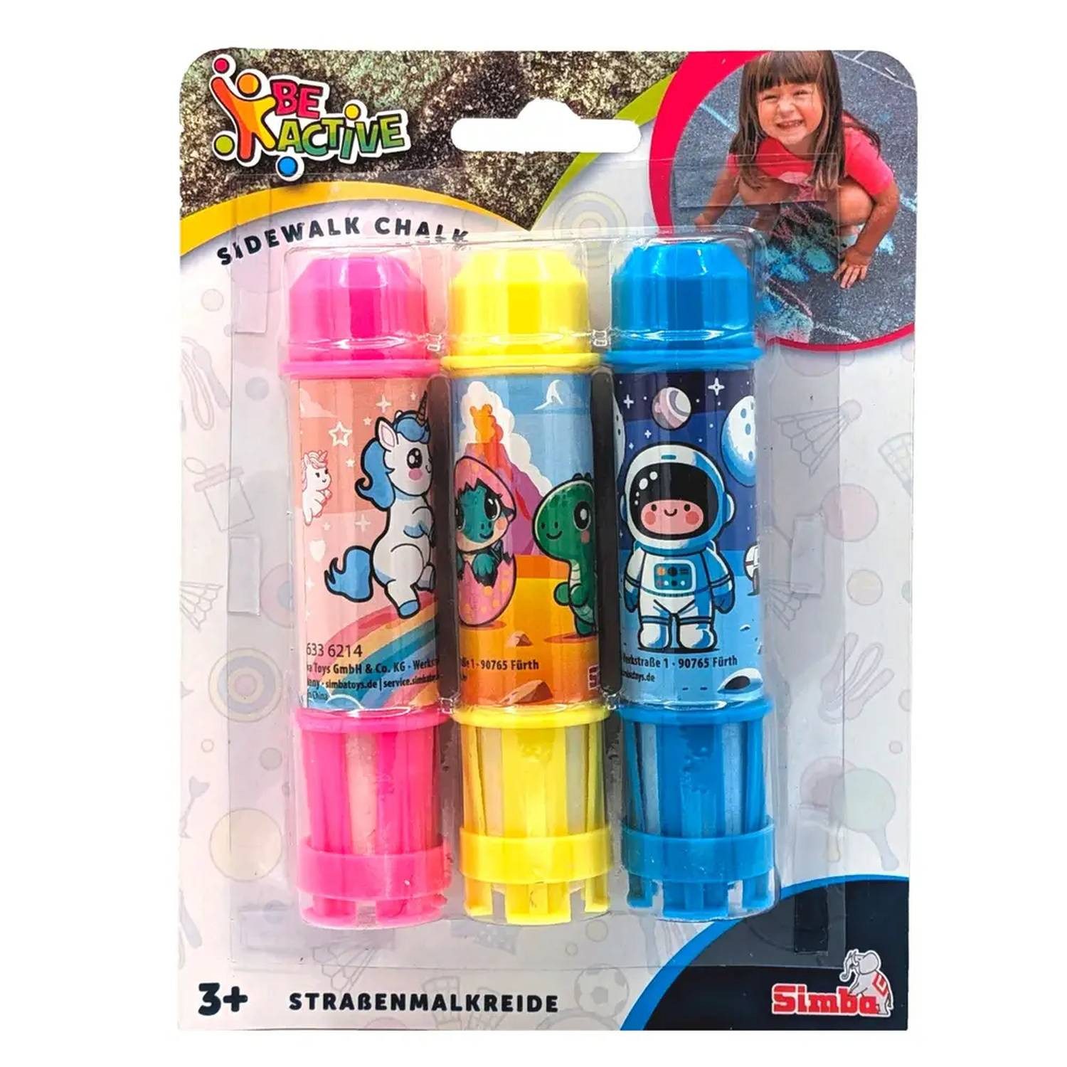 SIMBA Malkreide Be Active Straßenmalkreide-Halter 3er Set inkl. Kreide, Motive Einhorn, Dino, Astronaut