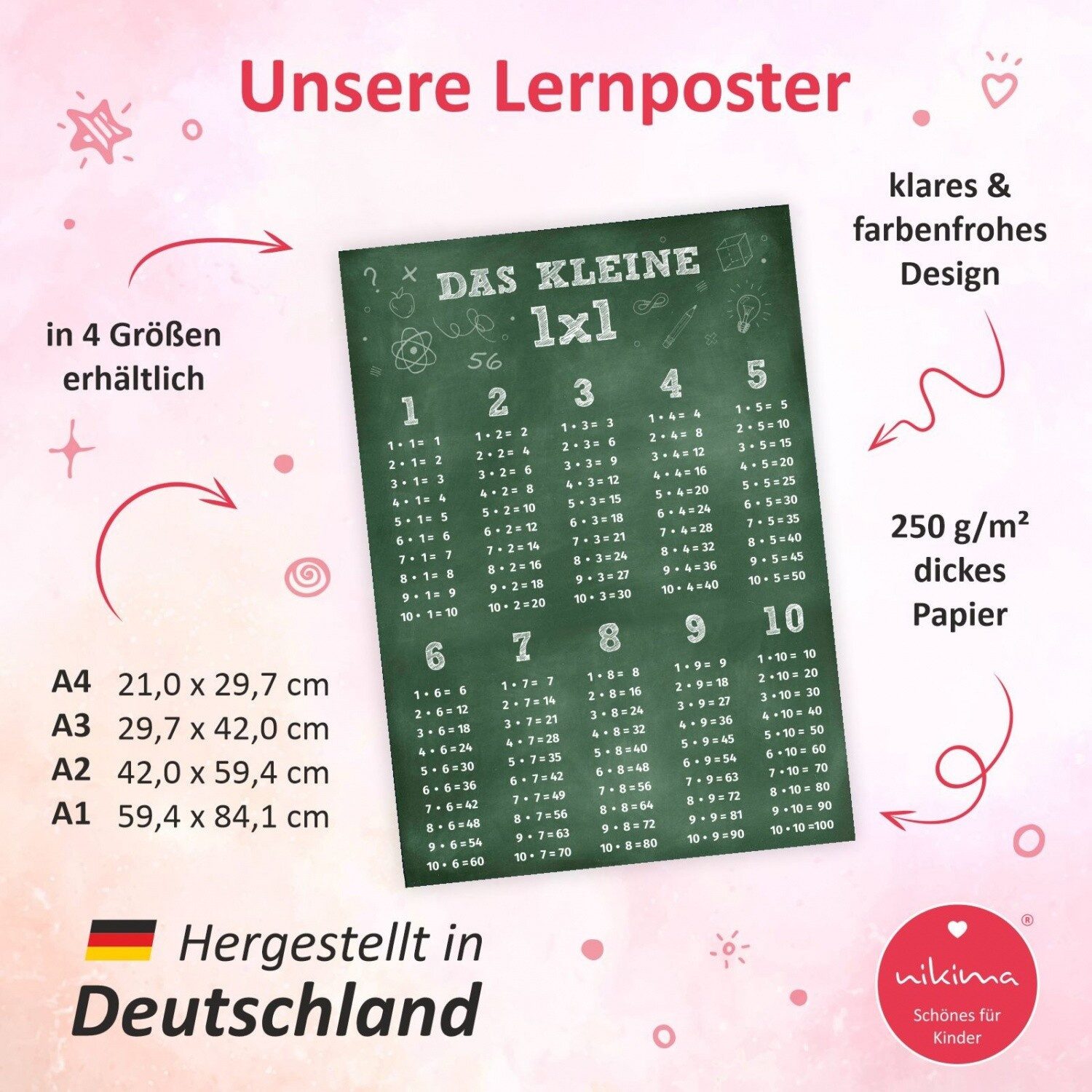 nikima Poster Kinder Lernposter - das kleine 1x1 Tafel