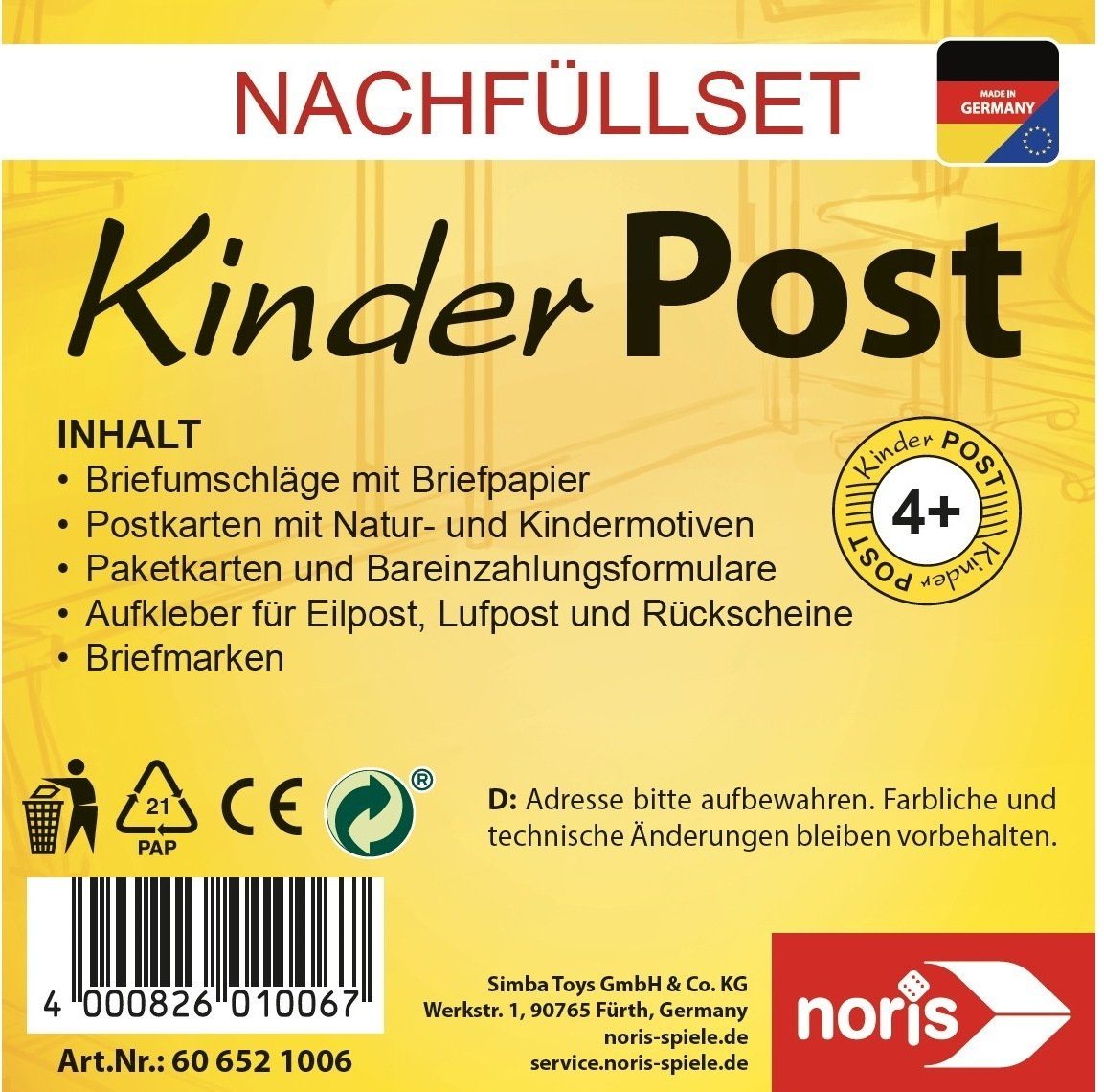 Noris Spiel Kinderspiel Lernspiele Kinderpostzubehör Erweiterung 606521006