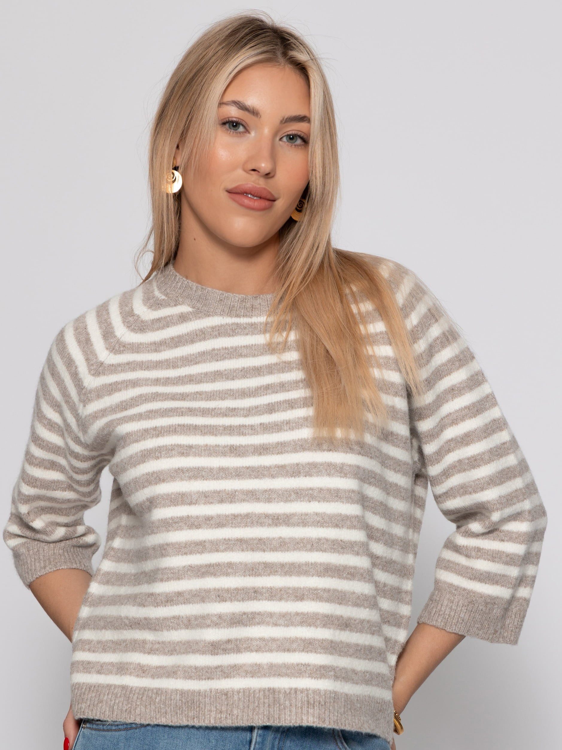 SASSYCLASSY Strickpullover Gestreiftes Strickoberteil für Damen Weicher Pullover mit halblangen Ärmeln und Rundhalsausschnitt