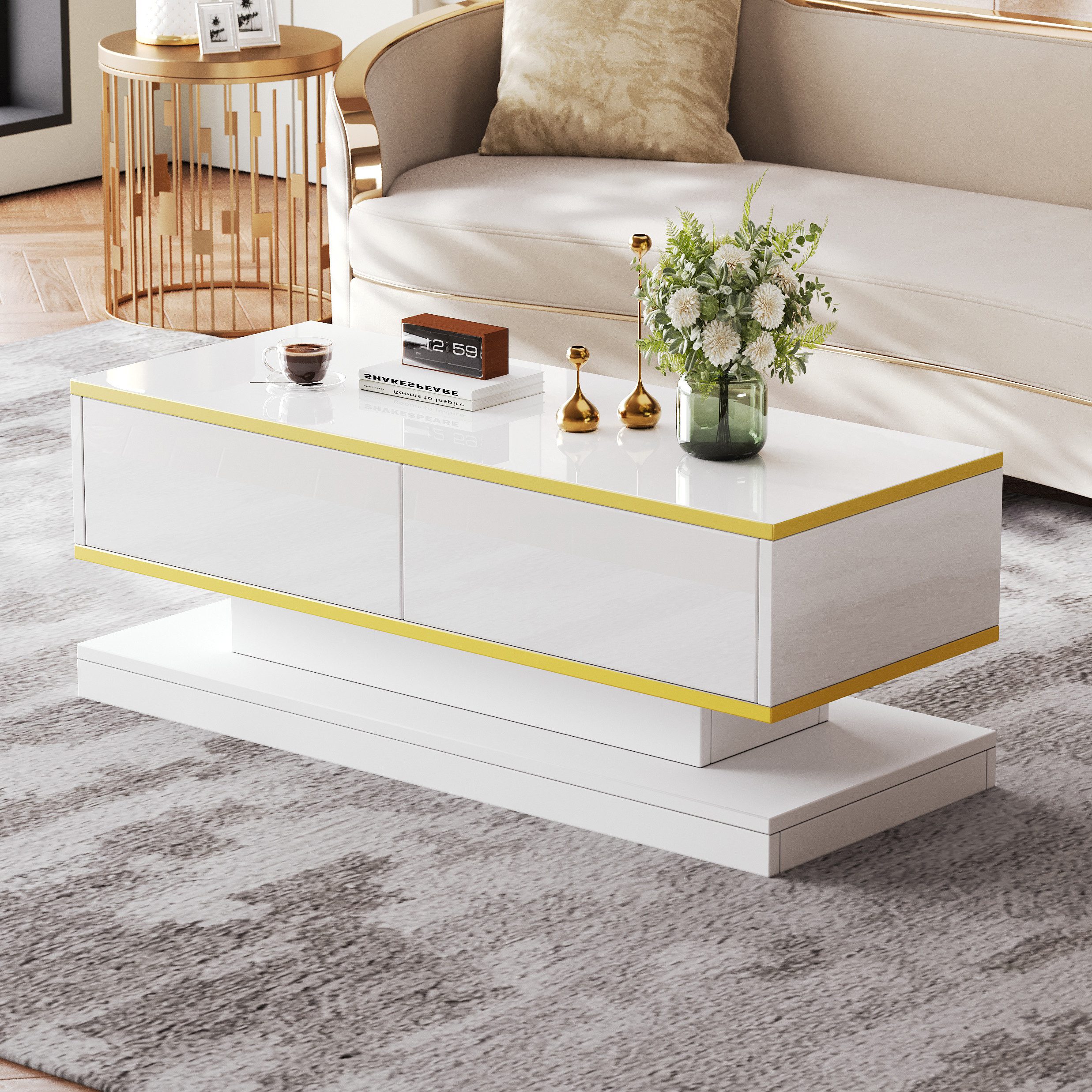 Merax Couchtisch hochglanz Sofatisch Beistelltisch in Warmweiß (1-St., 1 Ti günstig online kaufen