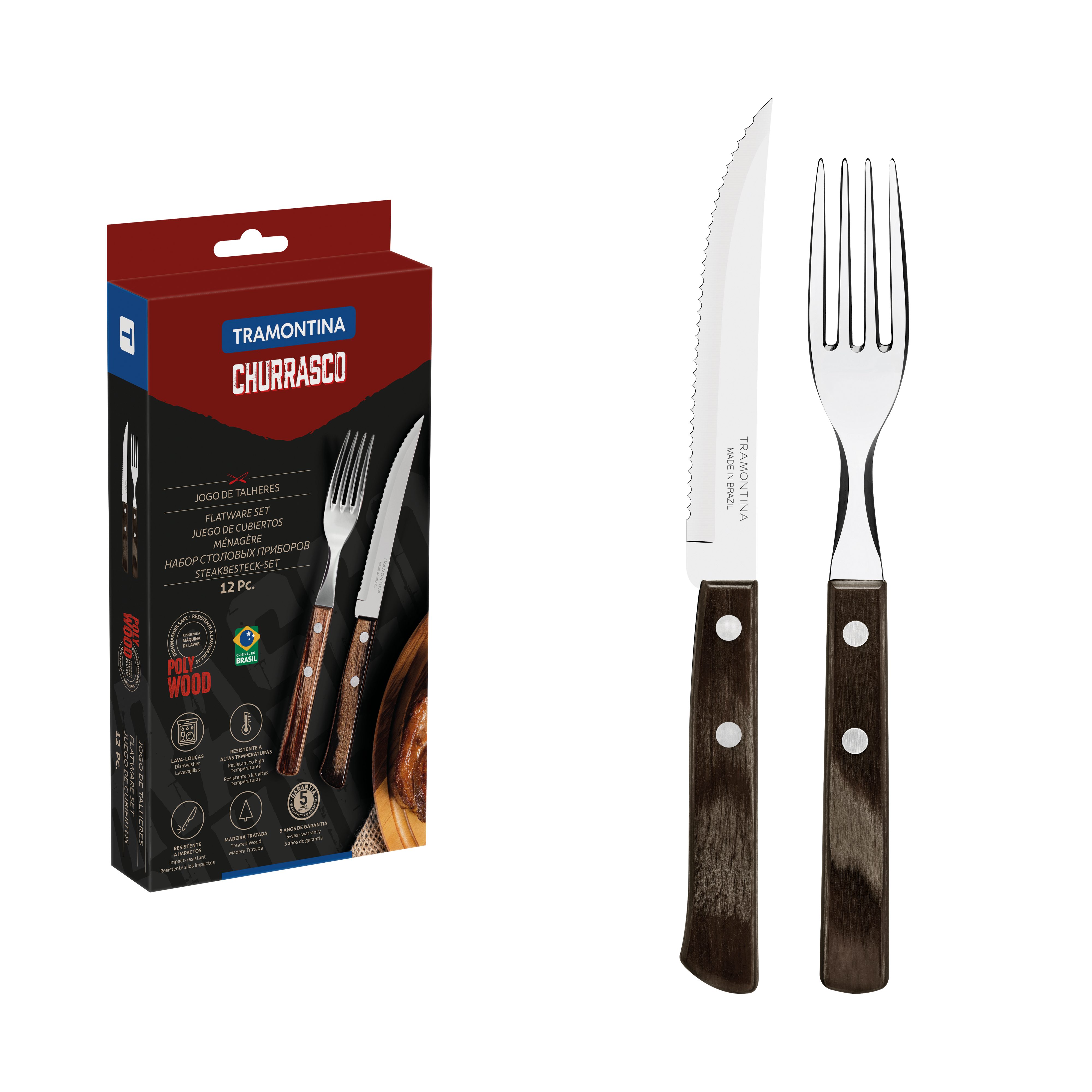 Tramontina Steakbesteck STEAK-/PIZZA Besteck, 6 Personen, Rostfrei, Spülmaschinenfest (12-tlg), 6 Personen, Edelstahl, FSC-zertifiziert, Echtholzgriff, rostfreier Edelstahl, Ergonomisch