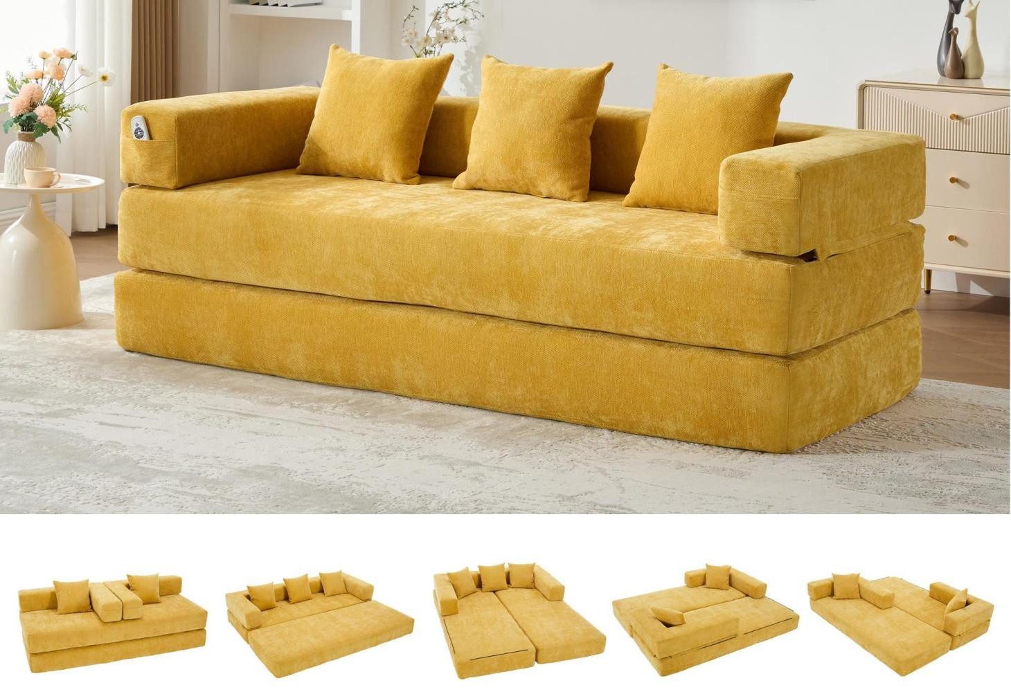 LVHOM Loungesofa 3 Sitzer Sofa mit Schlaffunktion, Formveränderung, mit Seitentaschen, Rutschfeste Unterseite, zwei Kissen verbunden mit Reißverschluss, modular frei kombinierbar (mit festen Armlehnen) für Sofa/Liege/Spielzentrum. Premium Chenille (superweich). Schaumstoff-Füllung (schnelle Rückfederung). Tiefe Sitzfläche (Komfort), in Wohnzimmer,Kinderzimmer, Homeoffice, Leseecke, Spielzimmer