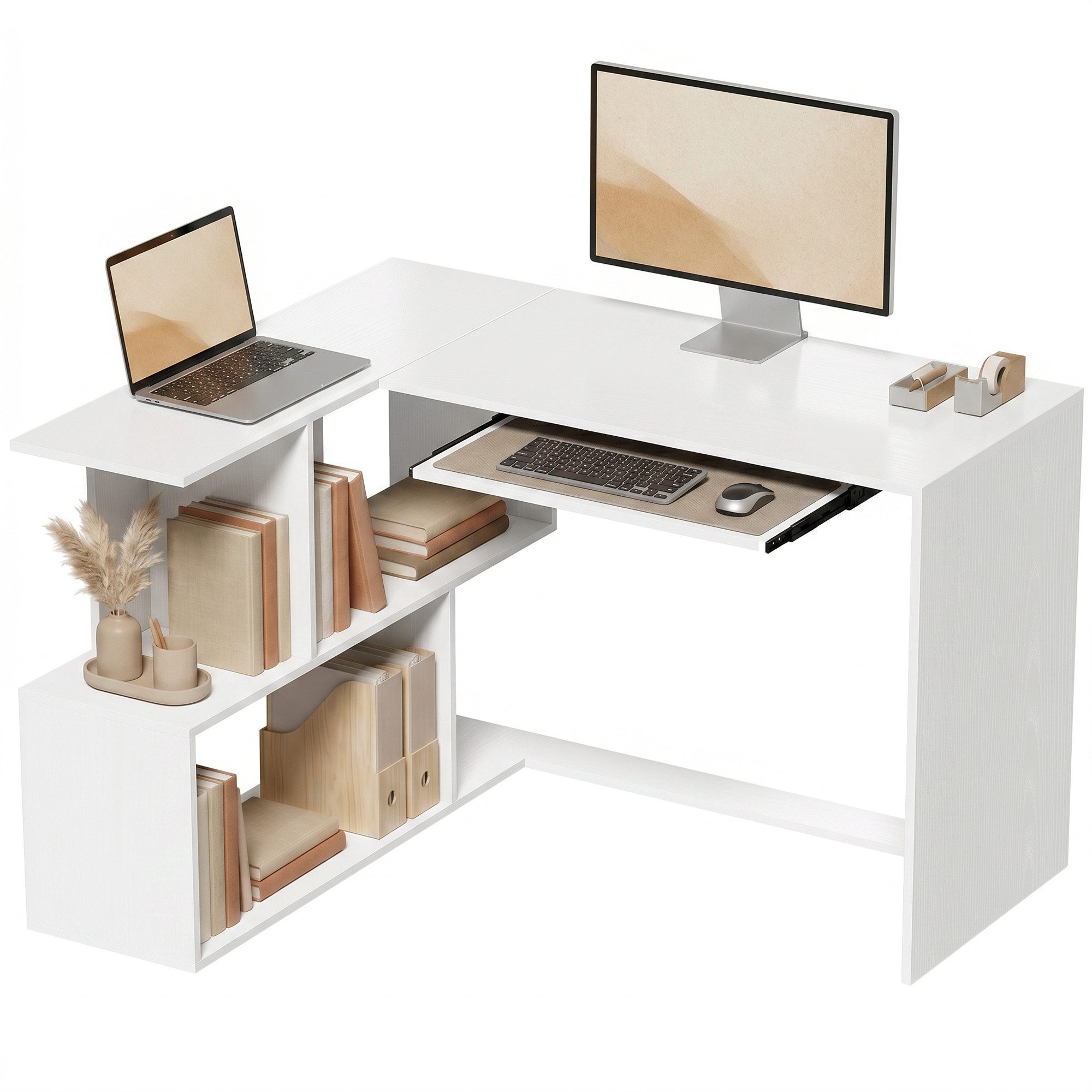 HOMCOM Eckschreibtisch Computertisch für das Home Office (Set, 1-St., 1 Tisch), L-Form, Tastaturauszug, 4 Ablagen
