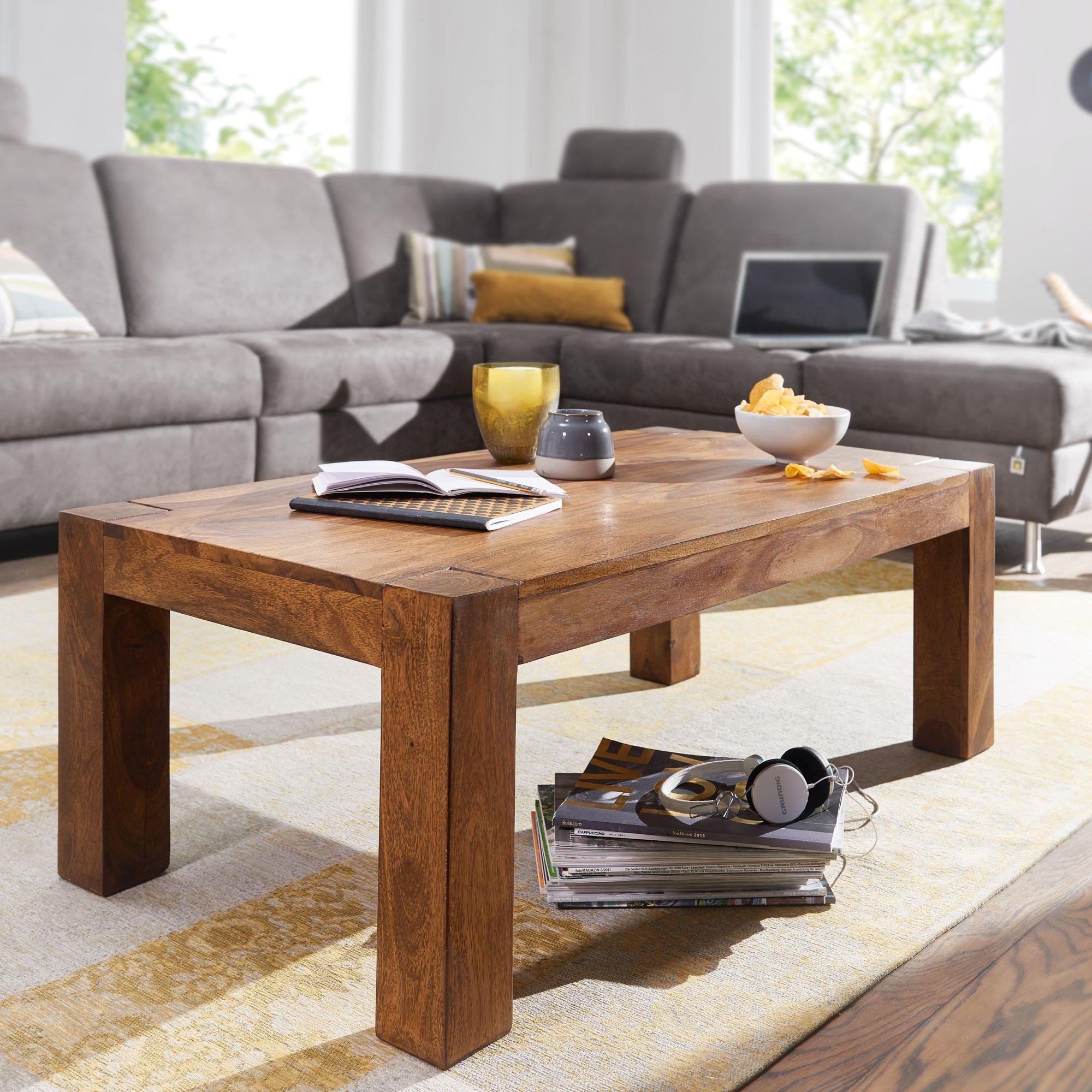 FINEBUY Couchtisch SuVa1170_1 (Sheesham Massivholz, 110x60x40cm Rechteckig Modern), Großer Wohnzimmertisch, Sofatisch Kaffeetisch