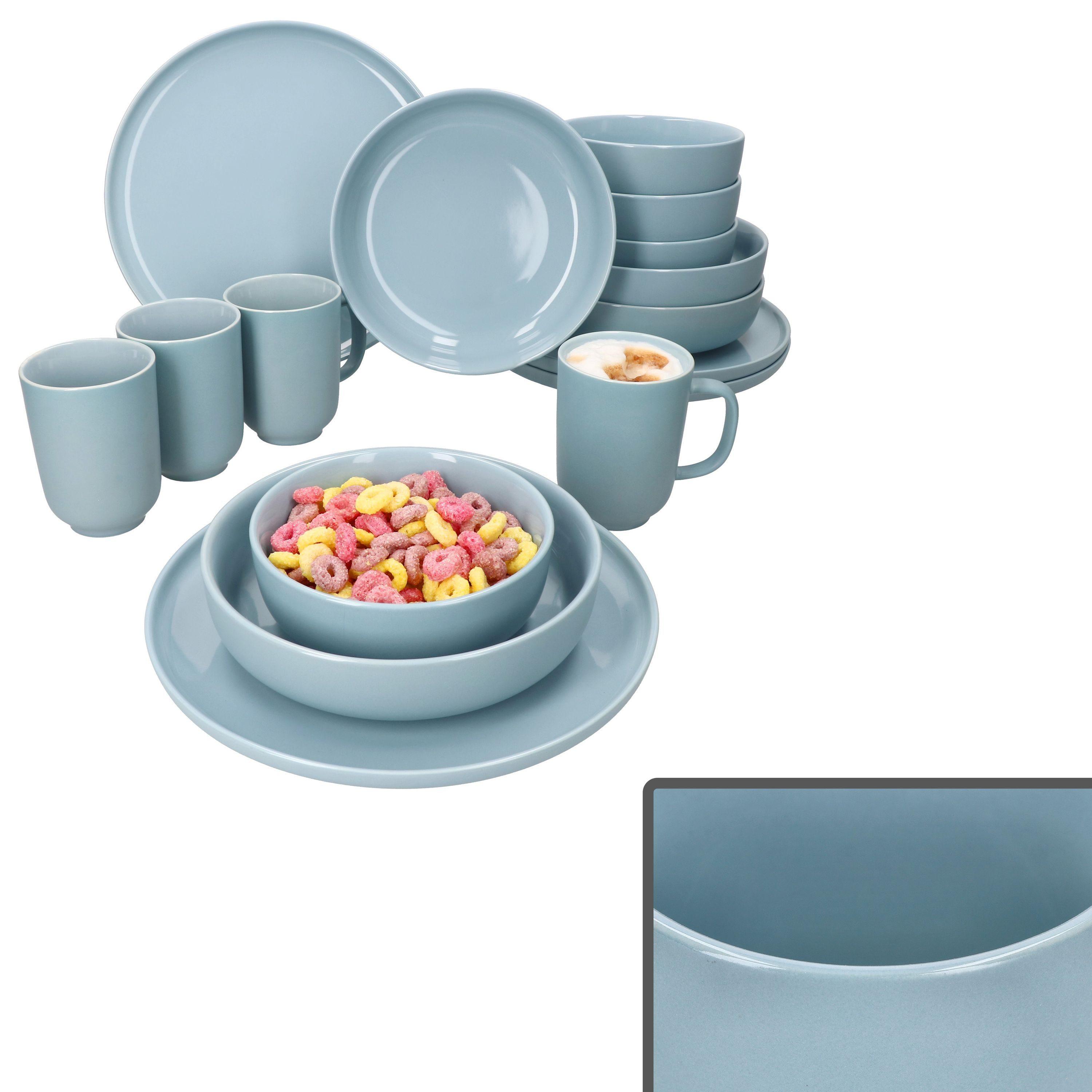 Kombiservice 16tlg Kombiservice Jasper Graublau Steingut 4 Personen Becher Teller