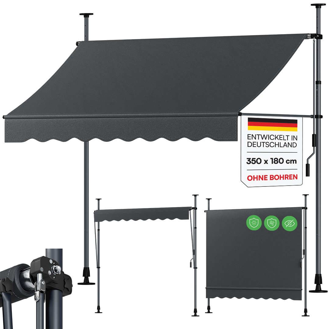 STEELSØN Klemmmarkise Dioran verstellbarer Sicht- & Sonnenschutz (350x180 cm, anthrazit) Balkonmarkise ohne Bohren, Terrassenüberdachung wetterfest