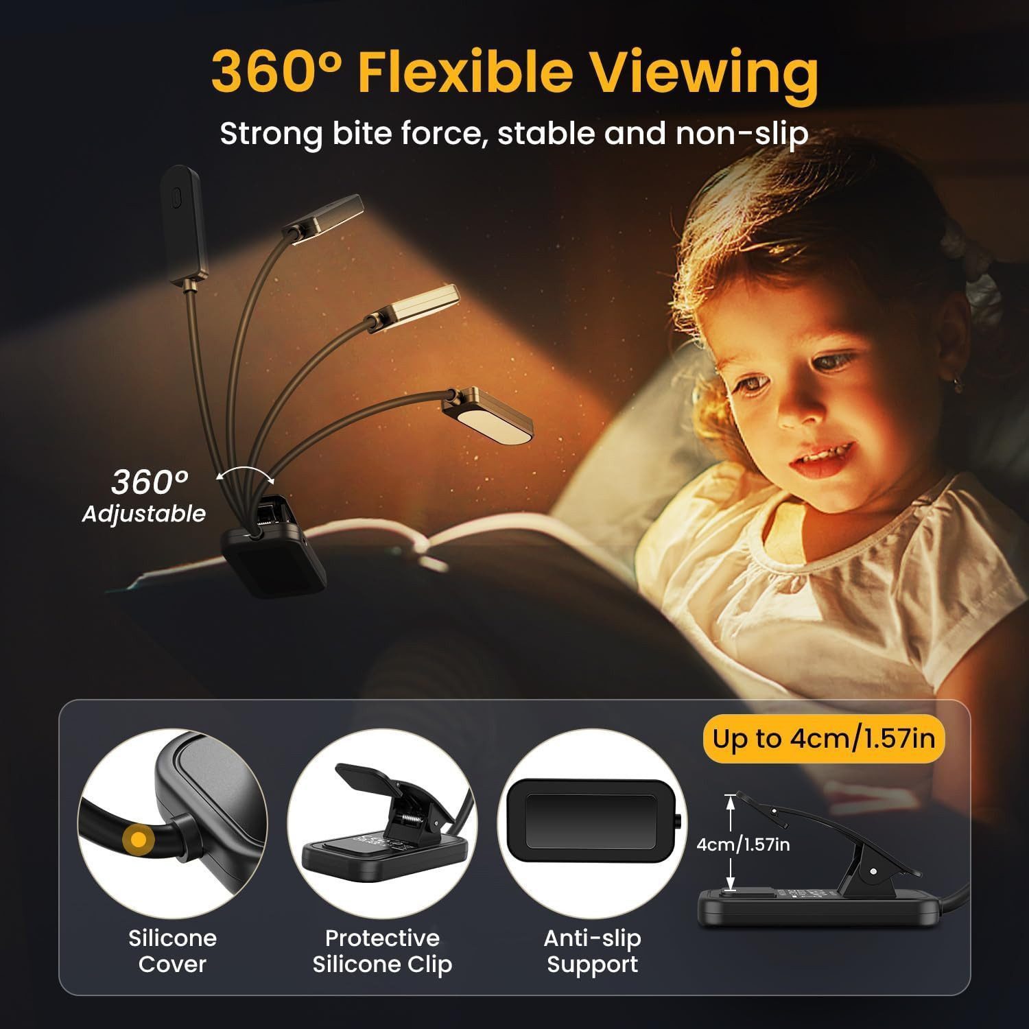 Luckice LED Leselampe mit 3 Farbtemperatur Modi 5 Helligkeitsstufen, 360° Flexibel Leselicht für Nachtlesen ins Bett 80H lange Akkulaufzeit, Dauerbeleuchtung 24LED augenschonende Leuchtmittel