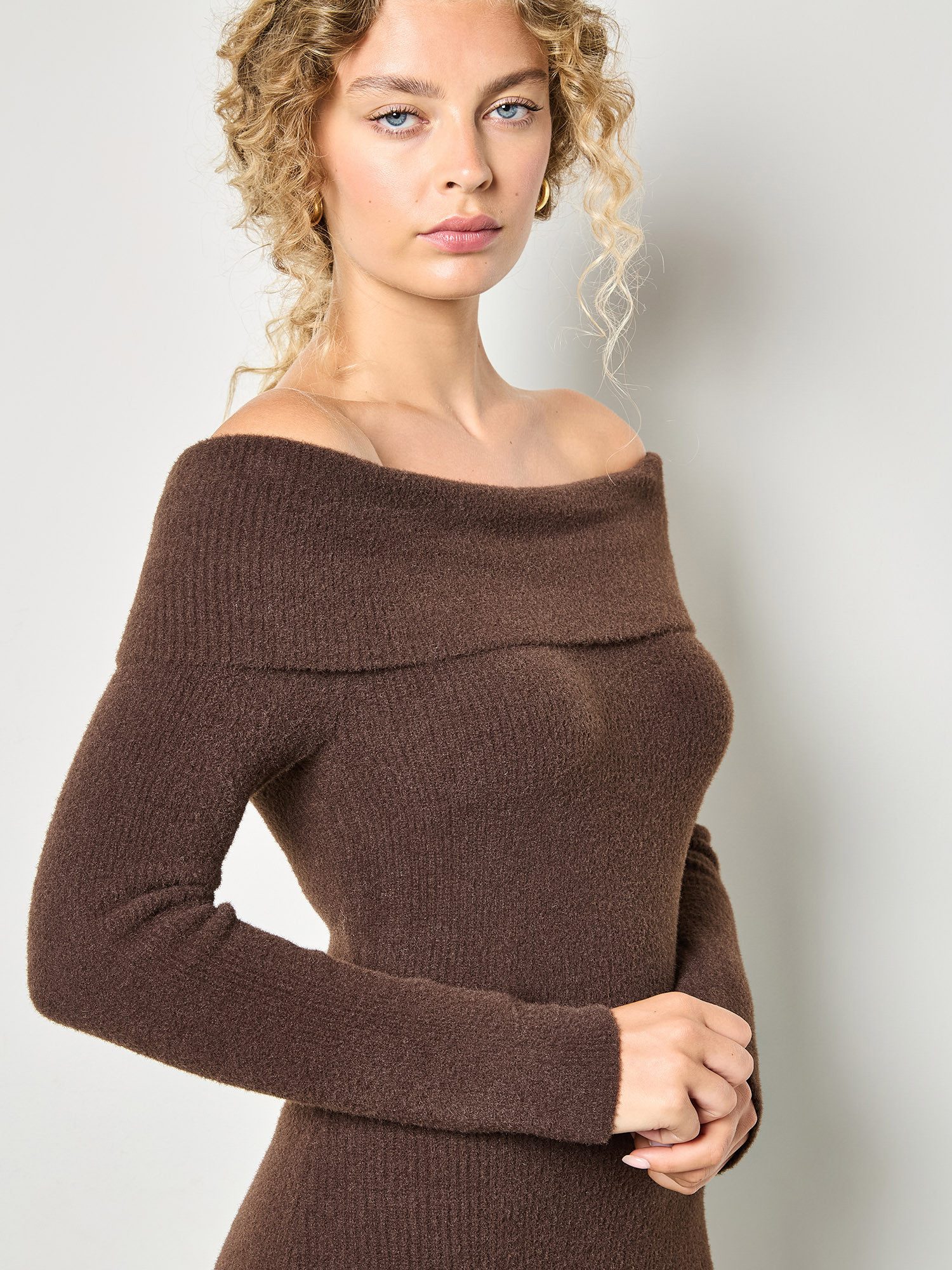 Apricot Strickkleid Midikleid mit Bardot-Ausschnitt günstig online kaufen