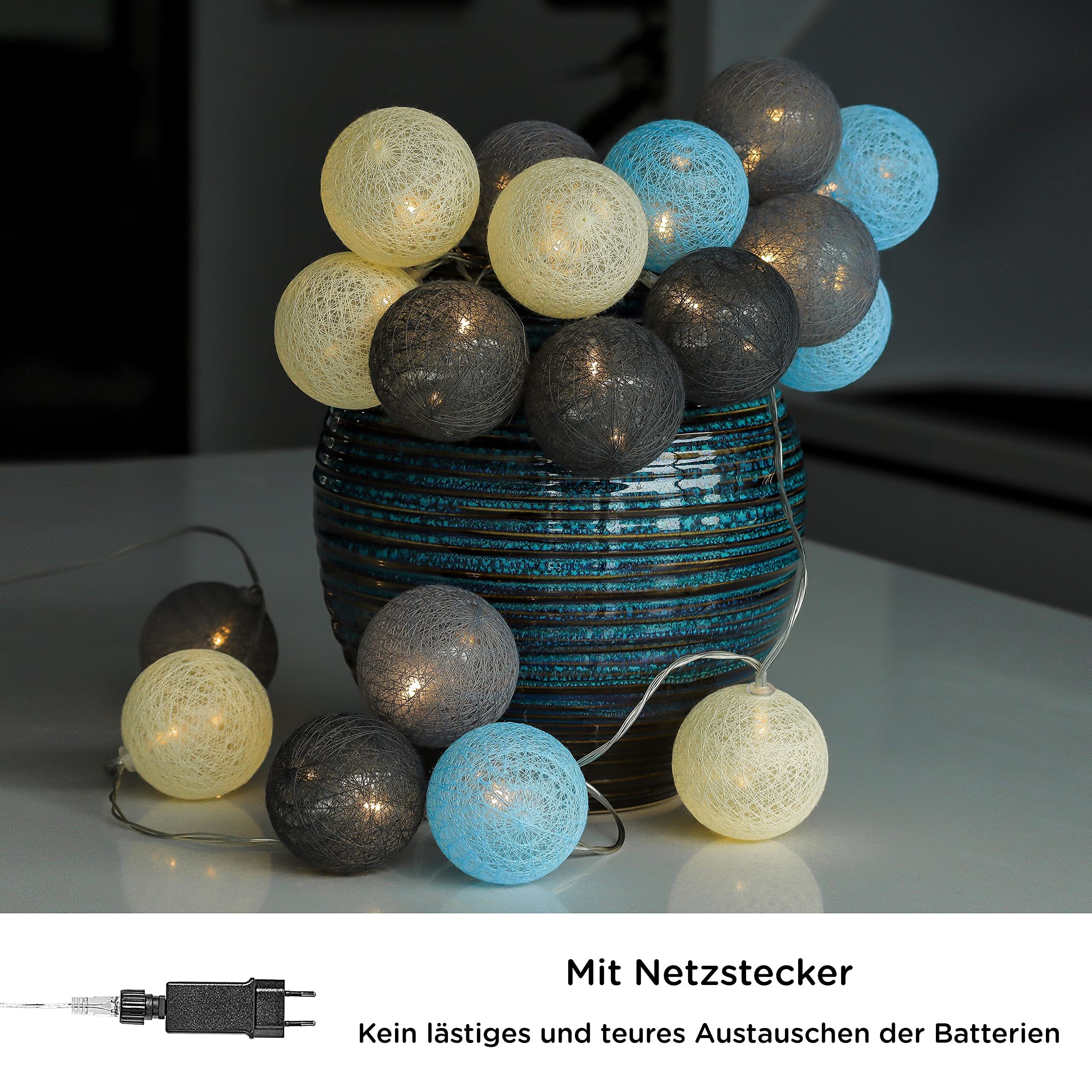 COZY HOME LED-Lichterkette Cotton Balls - Strombetrieben, 20 LED I 6m I Warmweiße LED-Cotton Ball I Hausbett Bunt Deko