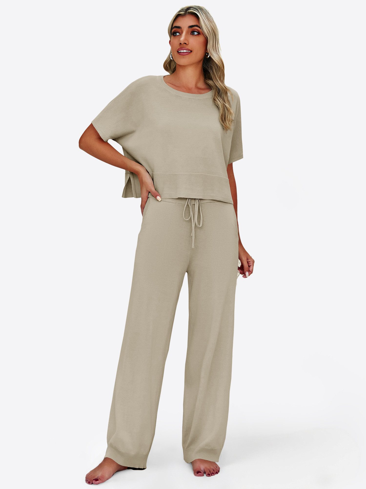 Imily Bela Hausanzug Damen 2-teilige Pullover-Sets (Set, 2 tlg., Strick-Crop-Tops mit Schlitz + High-Waist-Hosen) Volltonfarbe