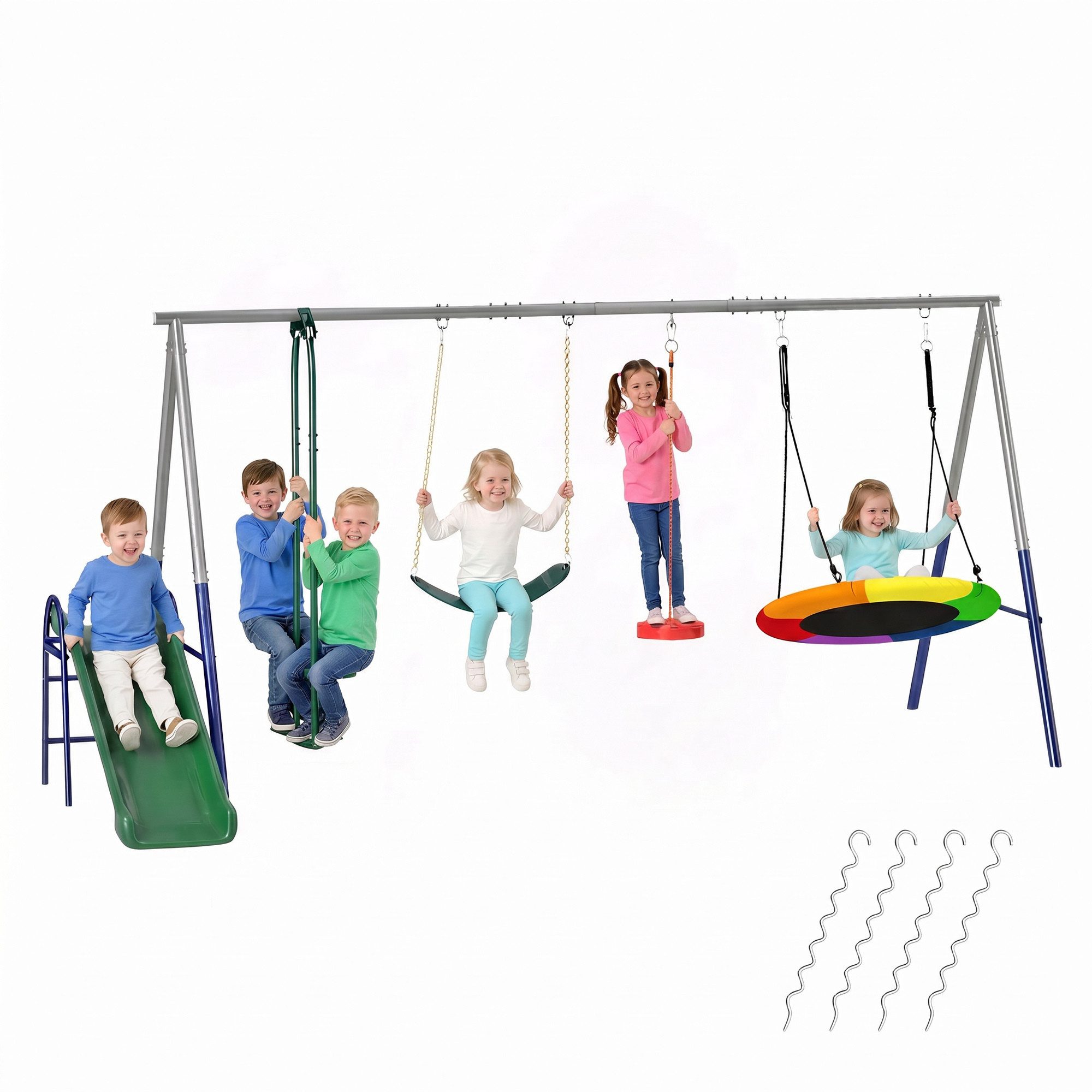 AIYAPLAY Schaukelgestell Rutsche, Nestschaukel, Gurtschaukel, Gleiter & Stehschaukel, (höhenverstellbar Schaukelgerüst, 1-tlg., 5-in-1 Schaukelset), bis 350 kg für 3-8 Jahre 382x196 x203 cm Mehrfarbig