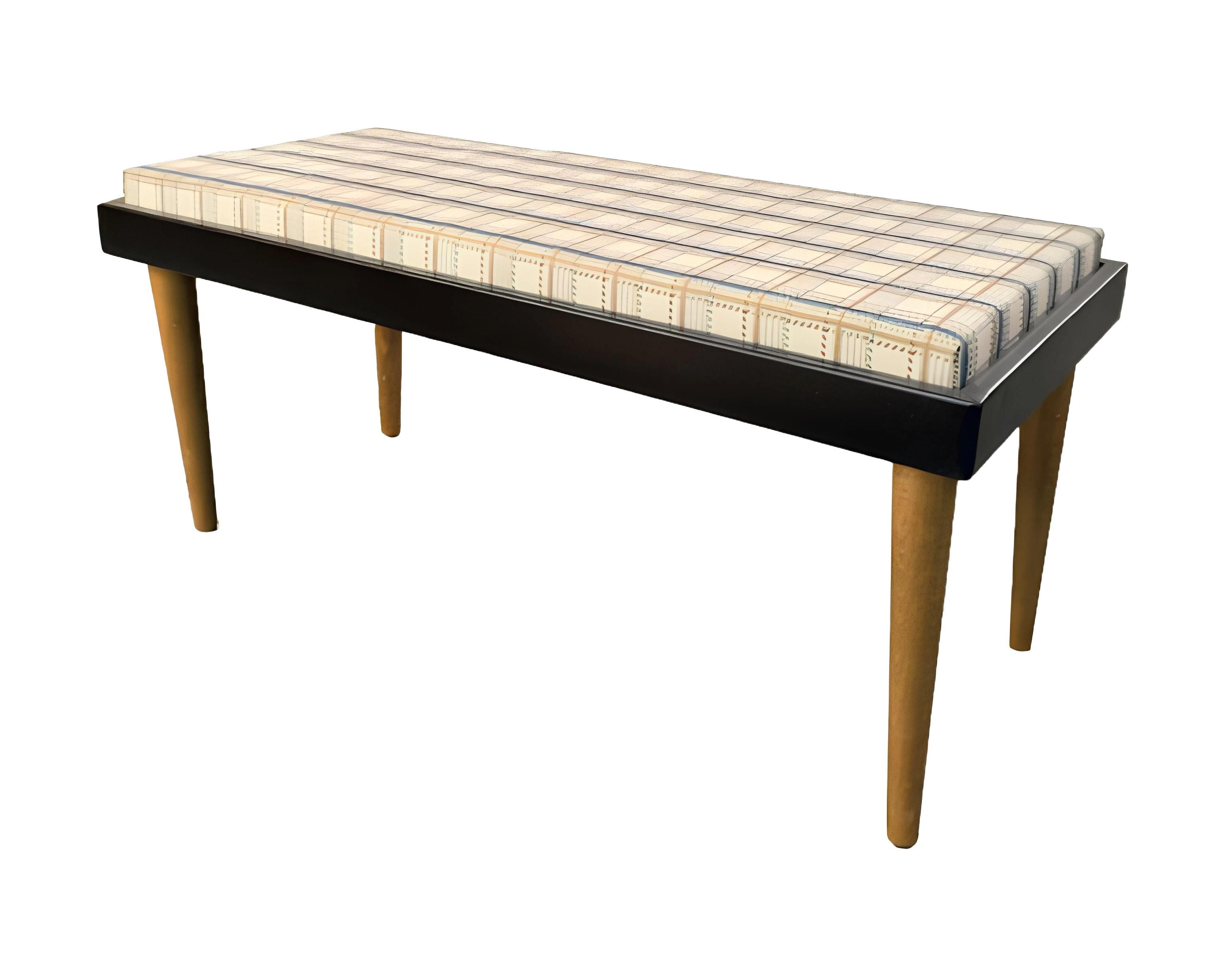 Bank Polsterbank Sitzhocker Bank Sitzbank Stoffbezug Beige-Ocker-Blau