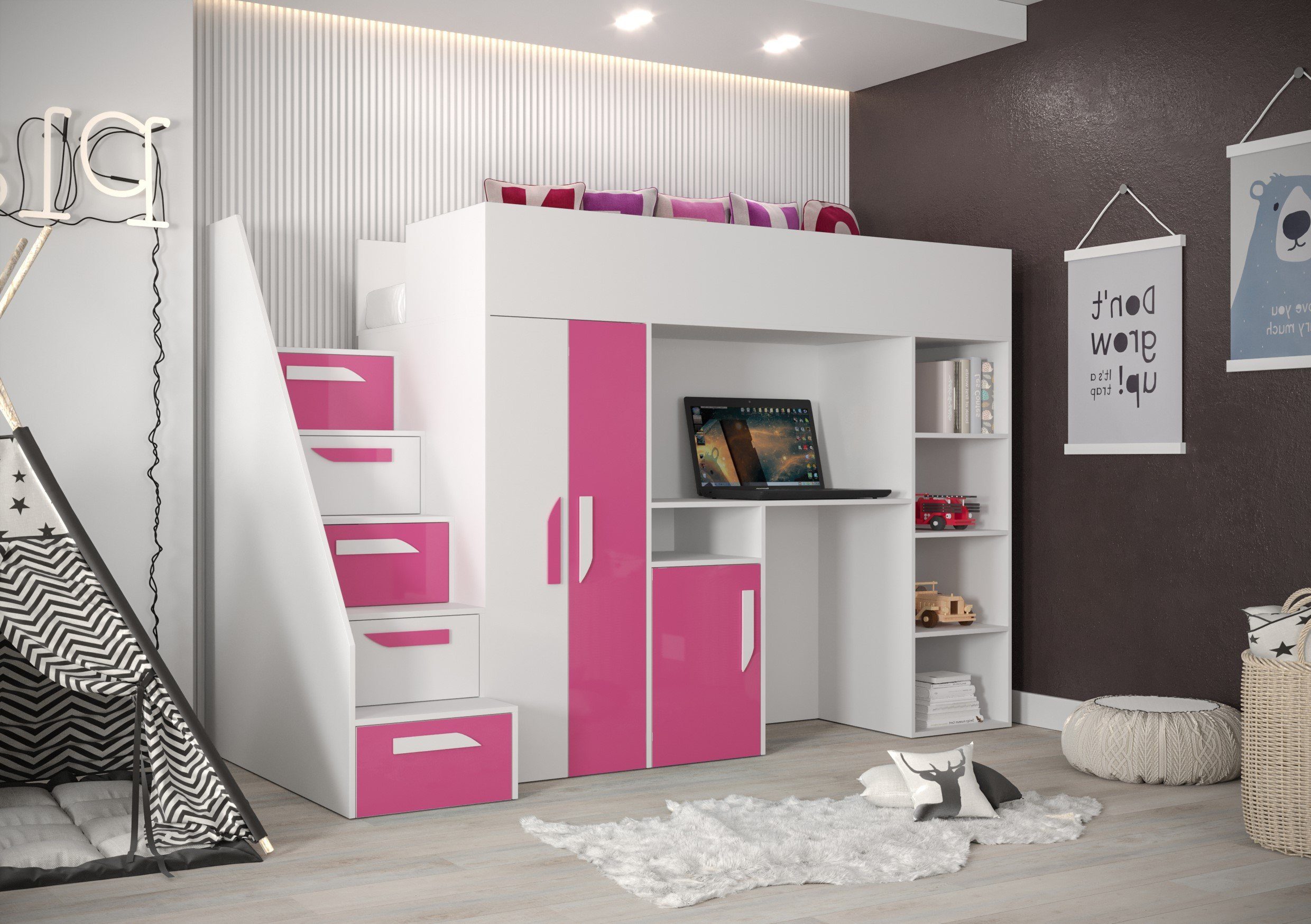 Hochbett Kinderbett Schreibtisch, Home Weiß/Rosa 14, Farbe und Treppe Unique Inkl. PAR Kleiderschrank wählbar
