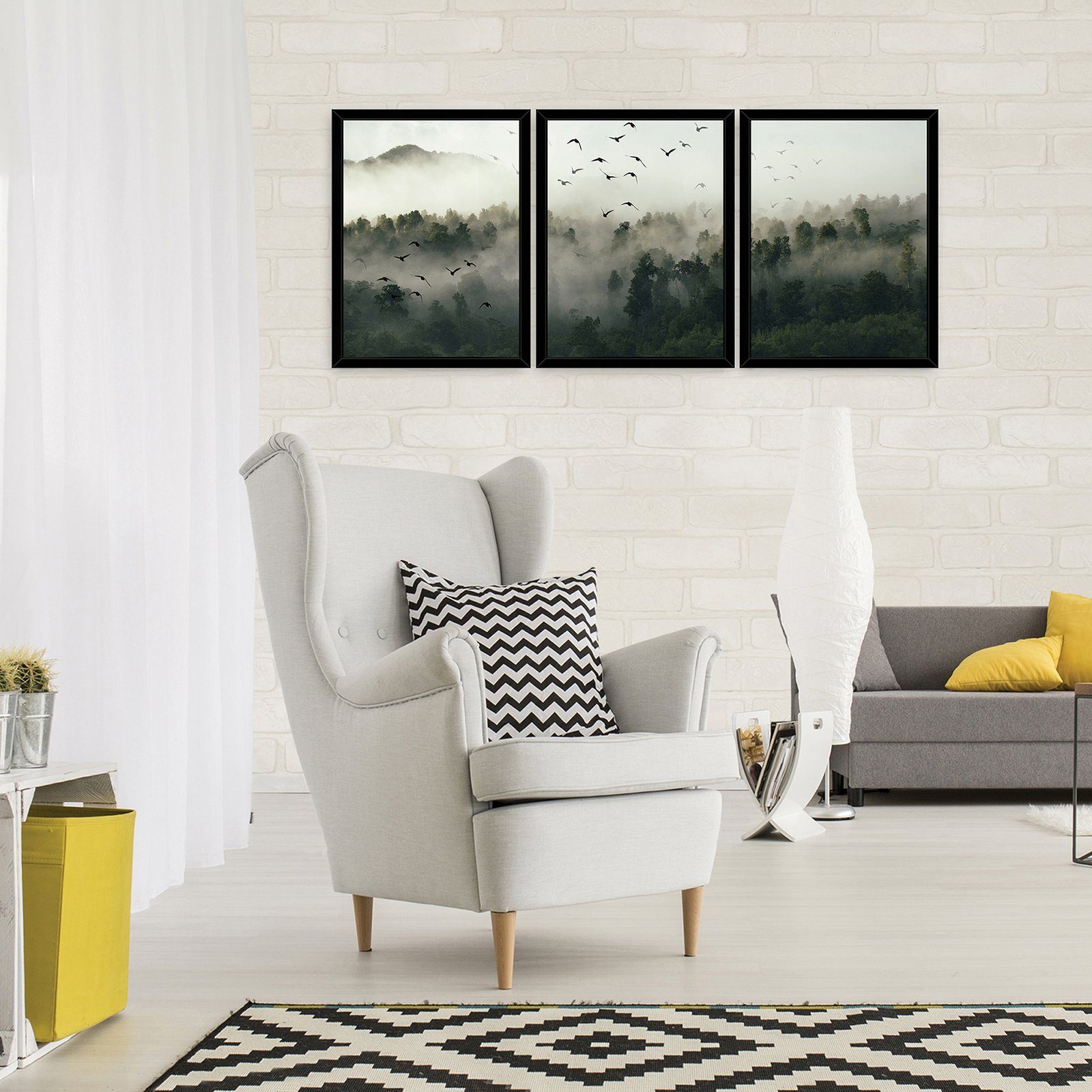 Set Bilder 3 Nebel Teilig cm 30x40 x 3 3 Wald Kunstdruck Wohnzimmer, Wandbilder 3er Wallarena Poster St), (3er, Mit Rahmen SET im Wandbild