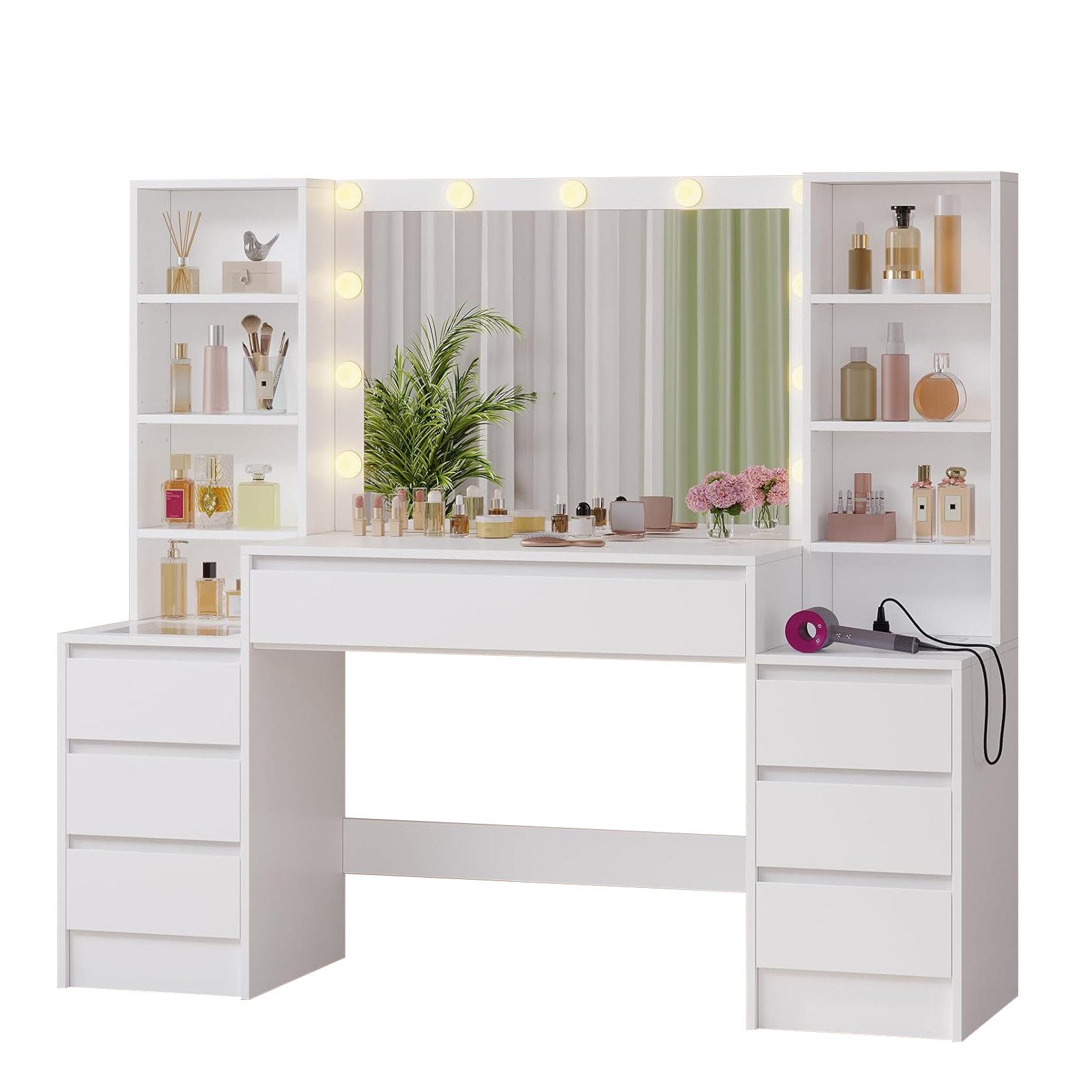 KIMENICH Schminktisch mit LED-Spiegel & Steckdosen,7 Schubladen, 8 Ablagefä günstig online kaufen