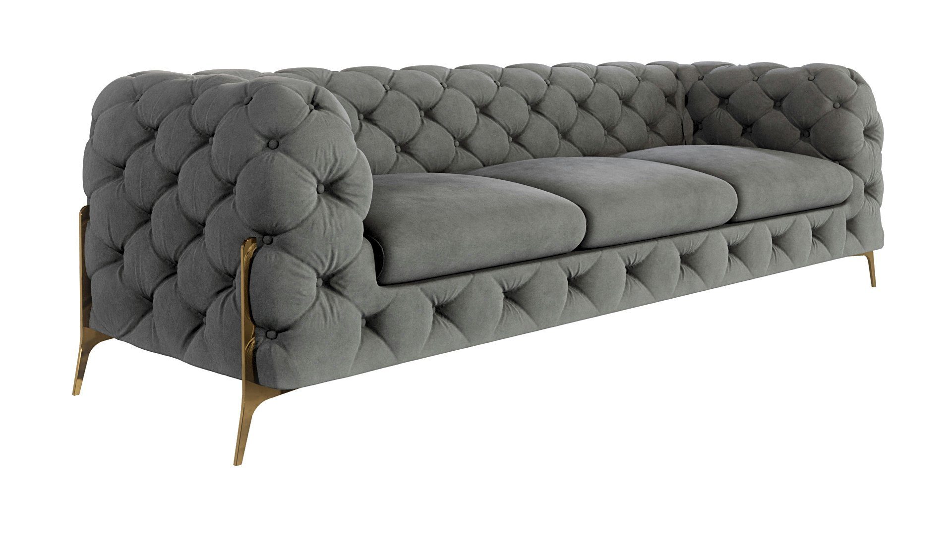 S-Style Möbel 3-Sitzer Ashley Chesterfield mit Füßen, Metall mit Wellenfederung Grau Goldene Sofa