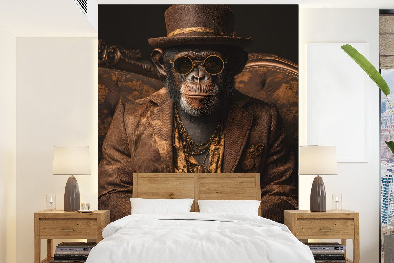 MuchoWow Fototapete Schimpanse - Stuhl - Anzug - Braun, Matt, bedruckt, Montagefertig Vinyl Tapete, Wandtapete, 190x260 cm