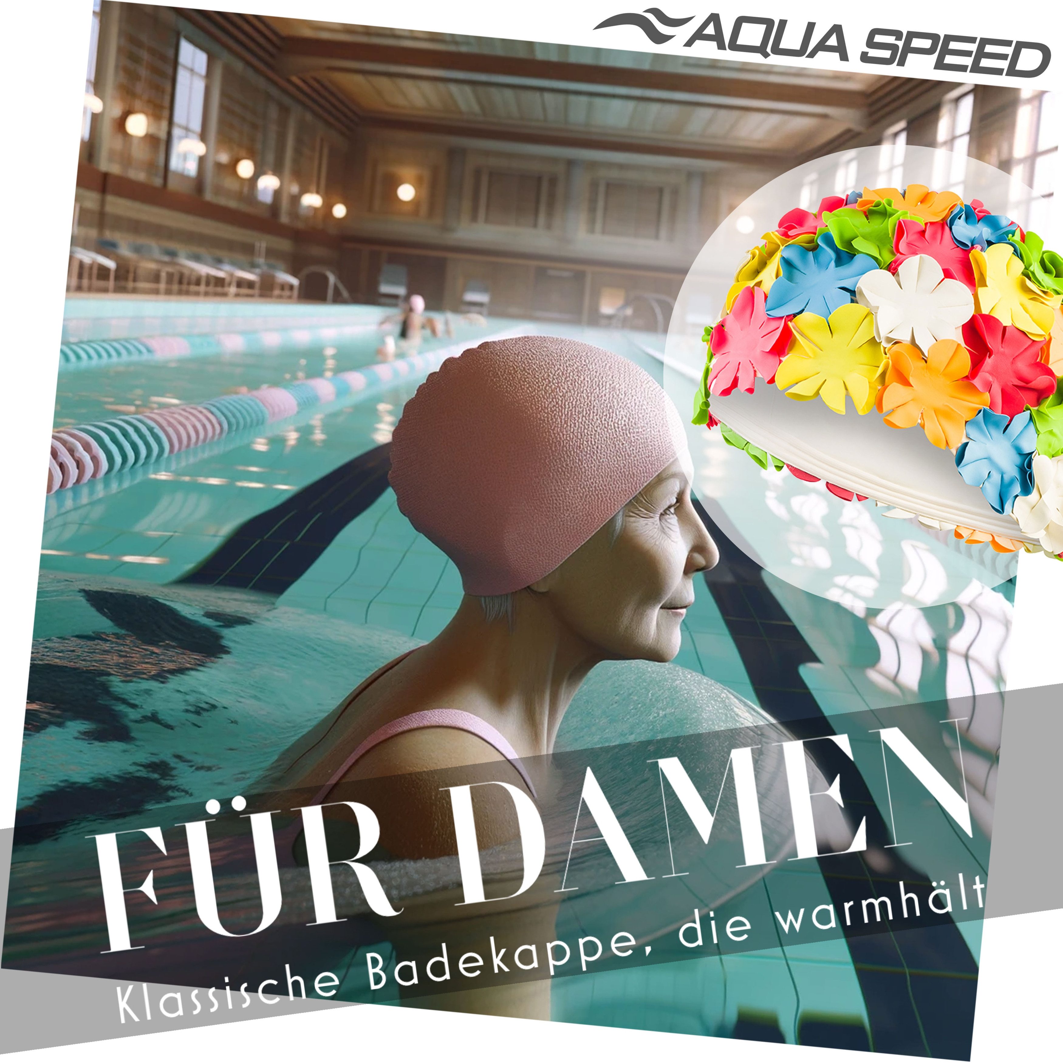 Aqua Speed Badekappe Bademütze mit Blumenmuster Elastisch & rutschfest Aqua-Fitness, Blumenmuster mit rutschfester Passform – Bequem & elastisch