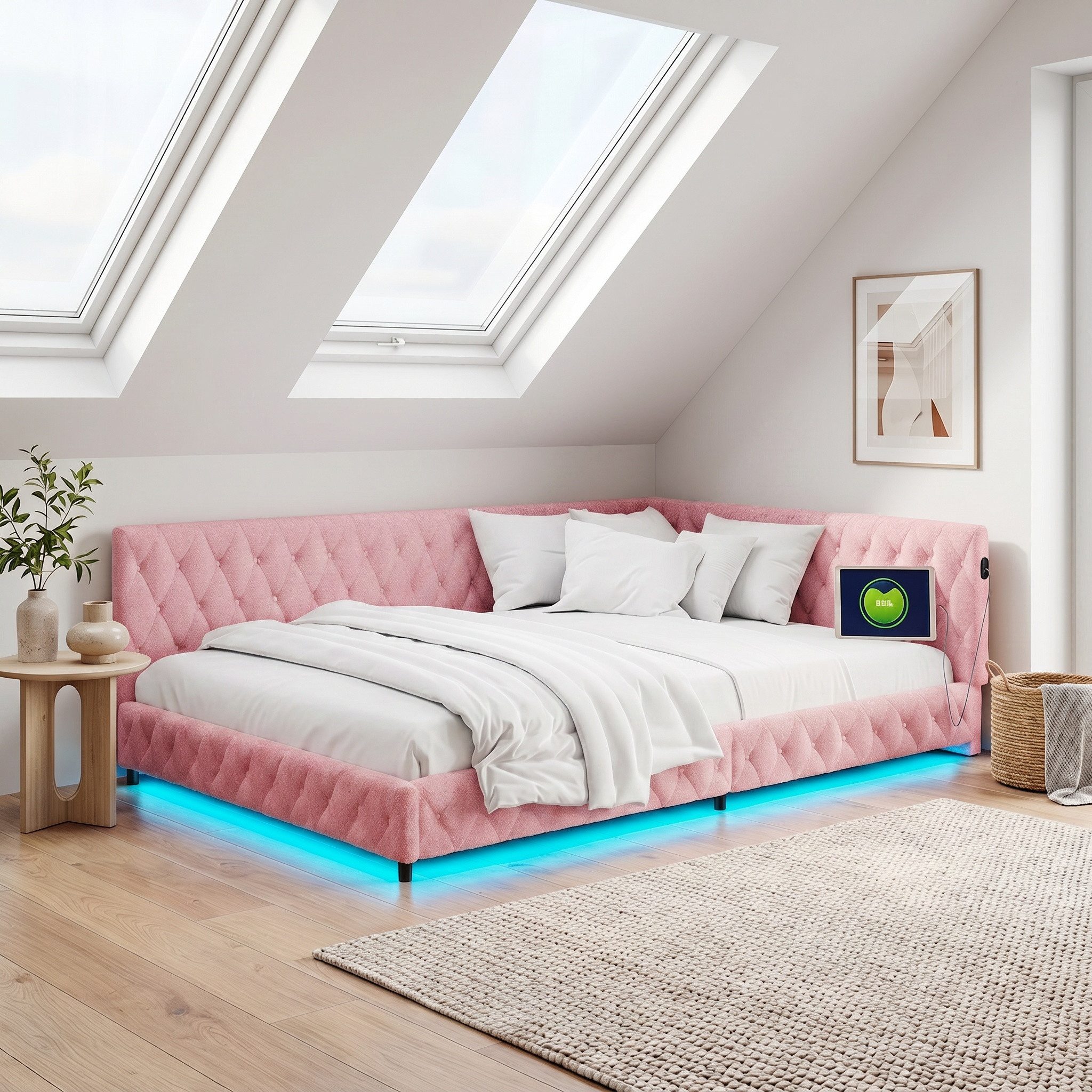 Simurq Polsterbett Schlafsofa mit LED Beleuchtung,L-Form Daybett Jugendbett Tagesbett (Packung, Doppelbett mit Lattenrost,Gästebett), Sofabett 140x200 cm,LED-Beleuchtung und USB-Ladeanschluss
