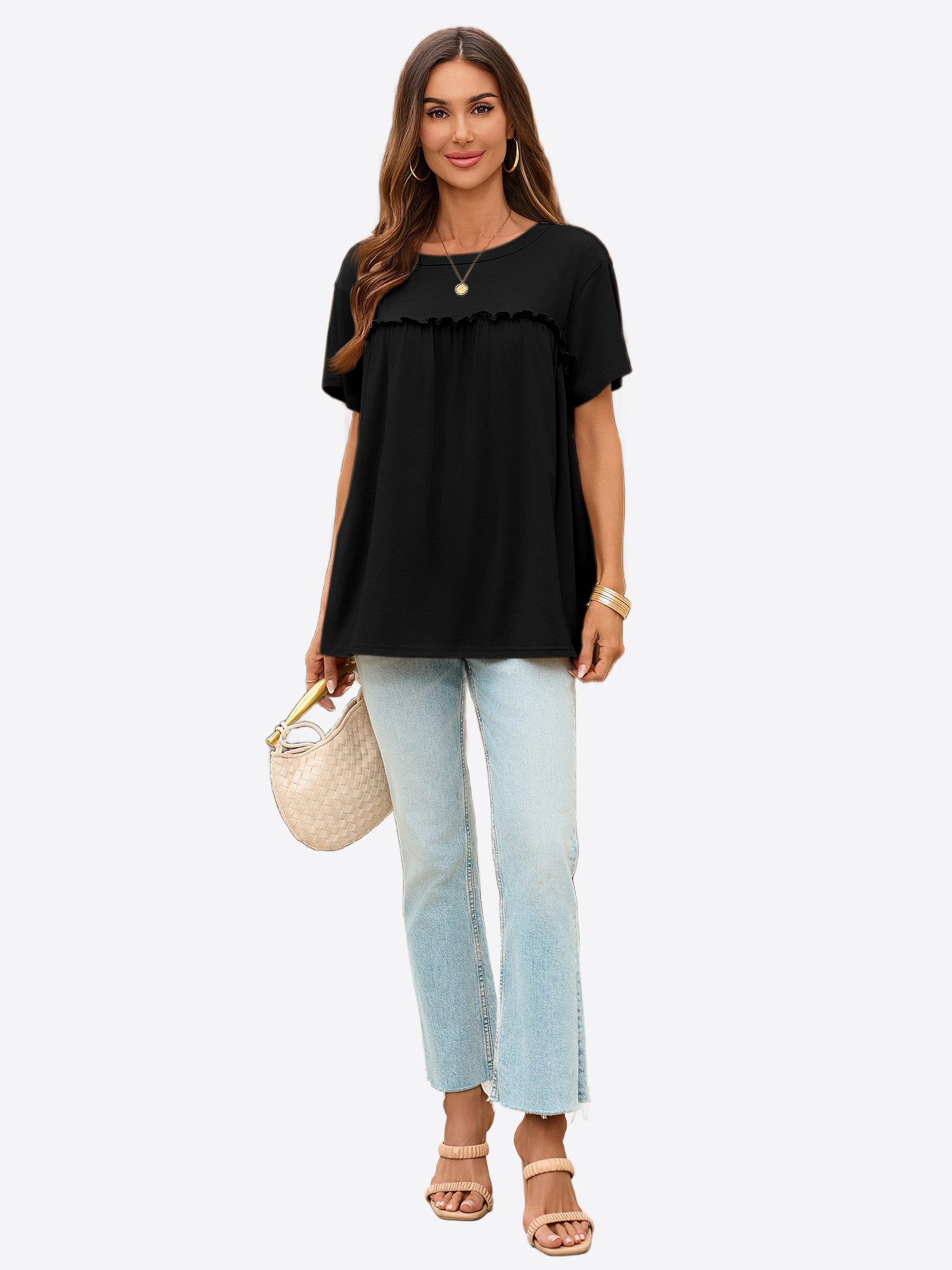 Imily Bela T-Shirt Damen mit Rüschen Rundhals Lässig Oberteil Alltag Freizeit (Packung, 1-tlg., 1per-Pack) mit Rundhalsausschnitt in Unifarbe – Bild 3 von 5