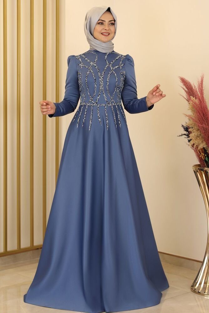 Modavitrini Satinkleid Damen Abendkleid Maxikleid Abiye Abaya mit Schmucksteinen Schmucksteine Indigo-Blau