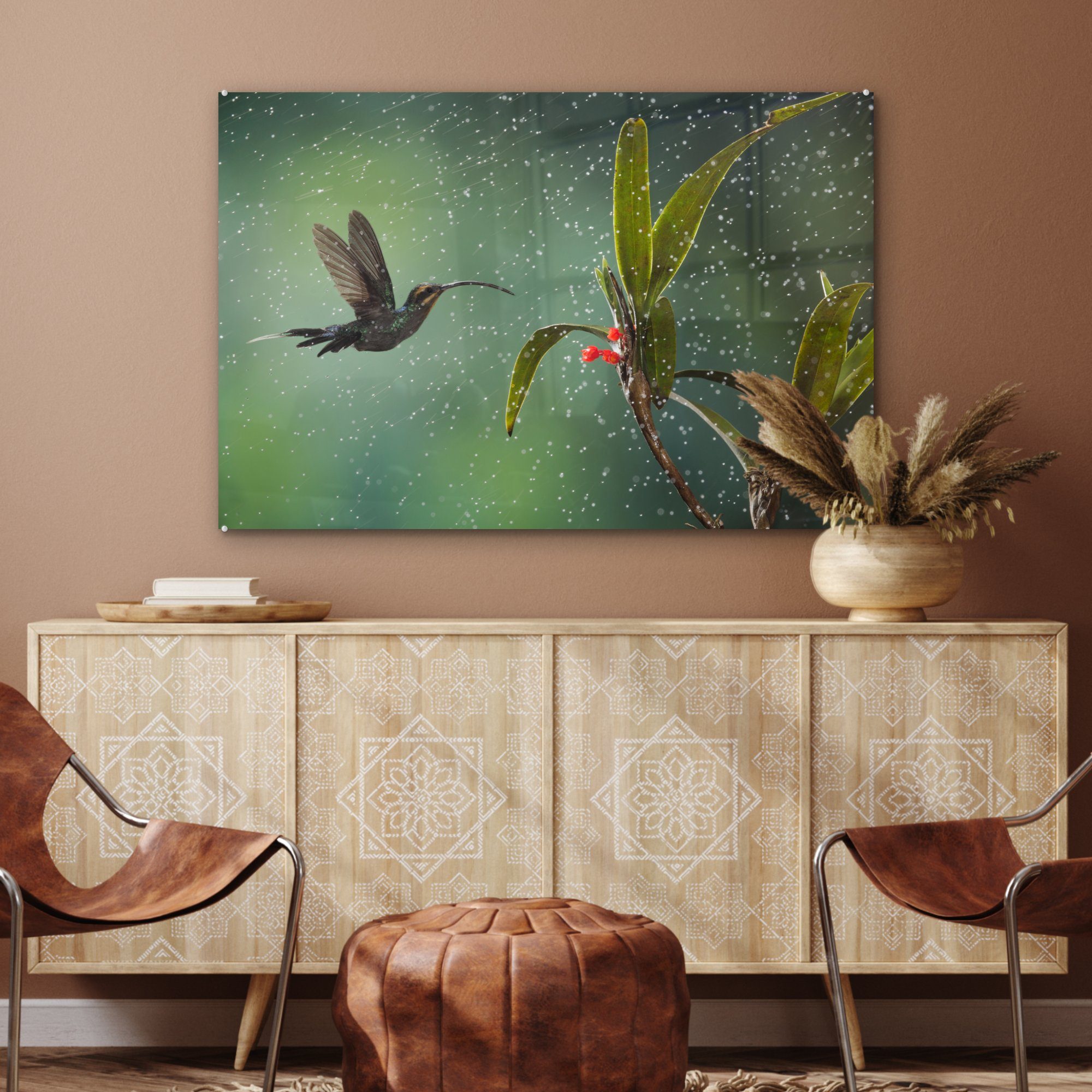 - Acrylglasbild Regen - St), MuchoWow Wohnzimmer - Kolibri Laub, & Acrylglasbilder Vogel (1 Schlafzimmer