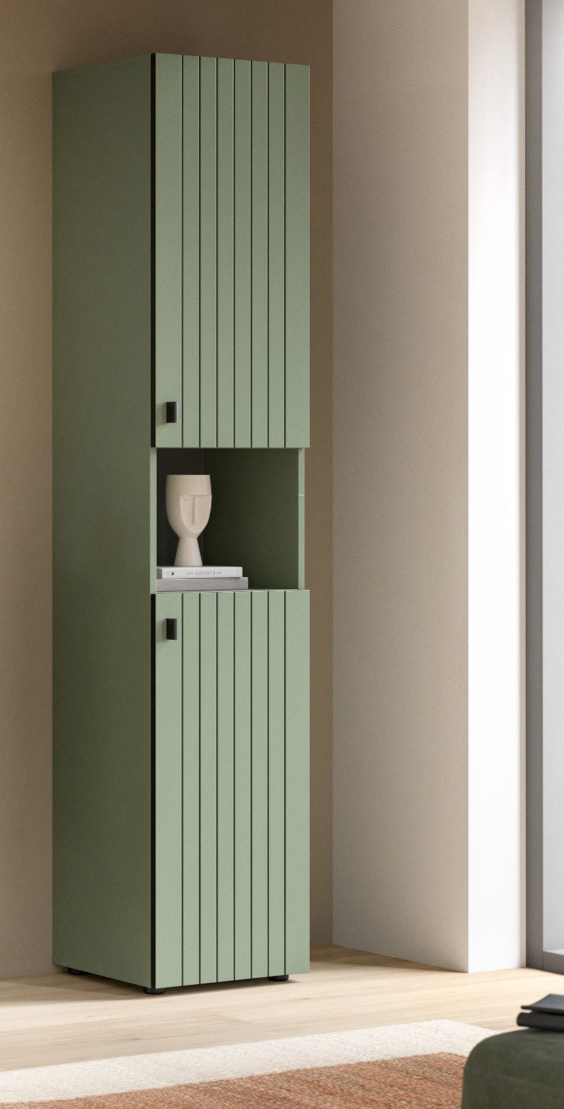 Inn.Furn Schuhschrank Loreno (Hochschrank in Grün mit schwarzen Rillen, 2-türig, 40 x 192 cm) bis zu 6 Fächer