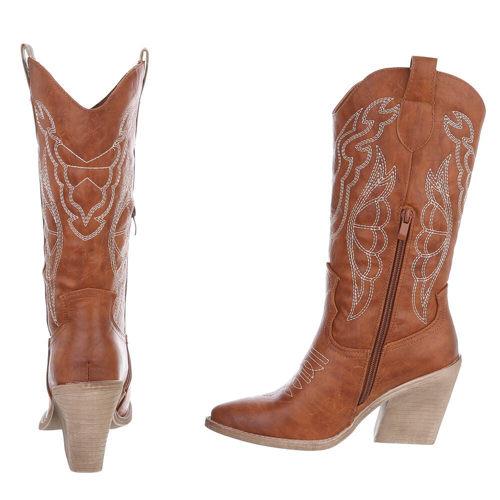 Ital-Design Stylische Damen-Stiefeletten mit Stickdetails für Alltag Westernstiefel (91409441) Blockabsatz Stiefel in Camel – Bild 5 von 5