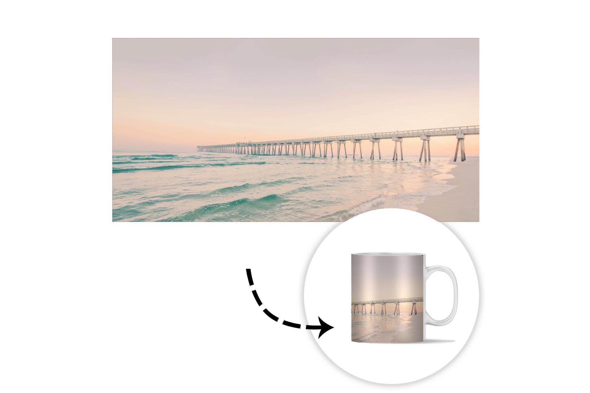 Geschenk Strand - - Tasse Teetasse, - MuchoWow - Meer Kaffeetassen, Keramik, Sonnenuntergang, Brücke Becher, Natur Teetasse,