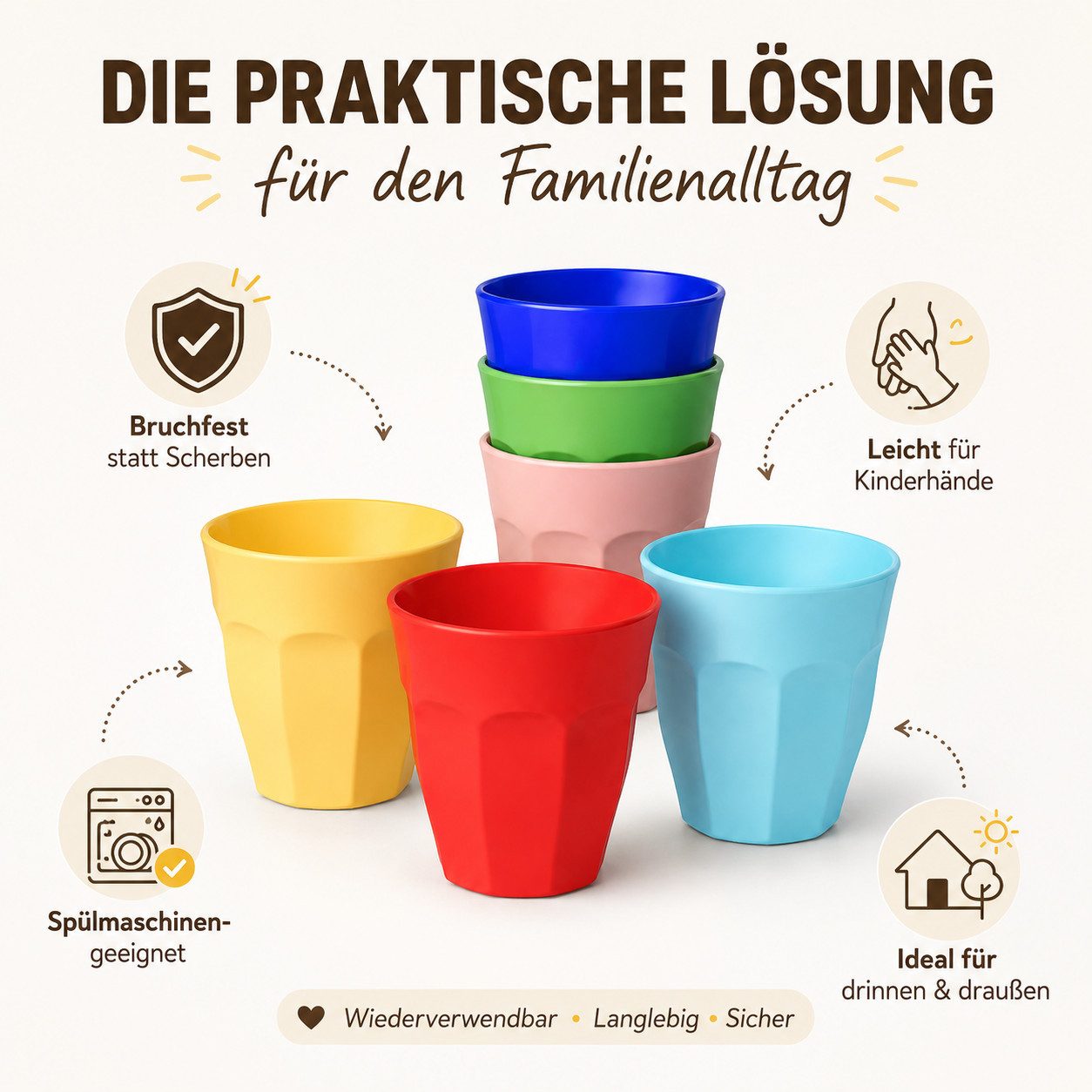 rice Becher Melamin Becher Set bunt robust für entspannten Familienalltag, 1-tlg., Melamin – Bild 5 von 5