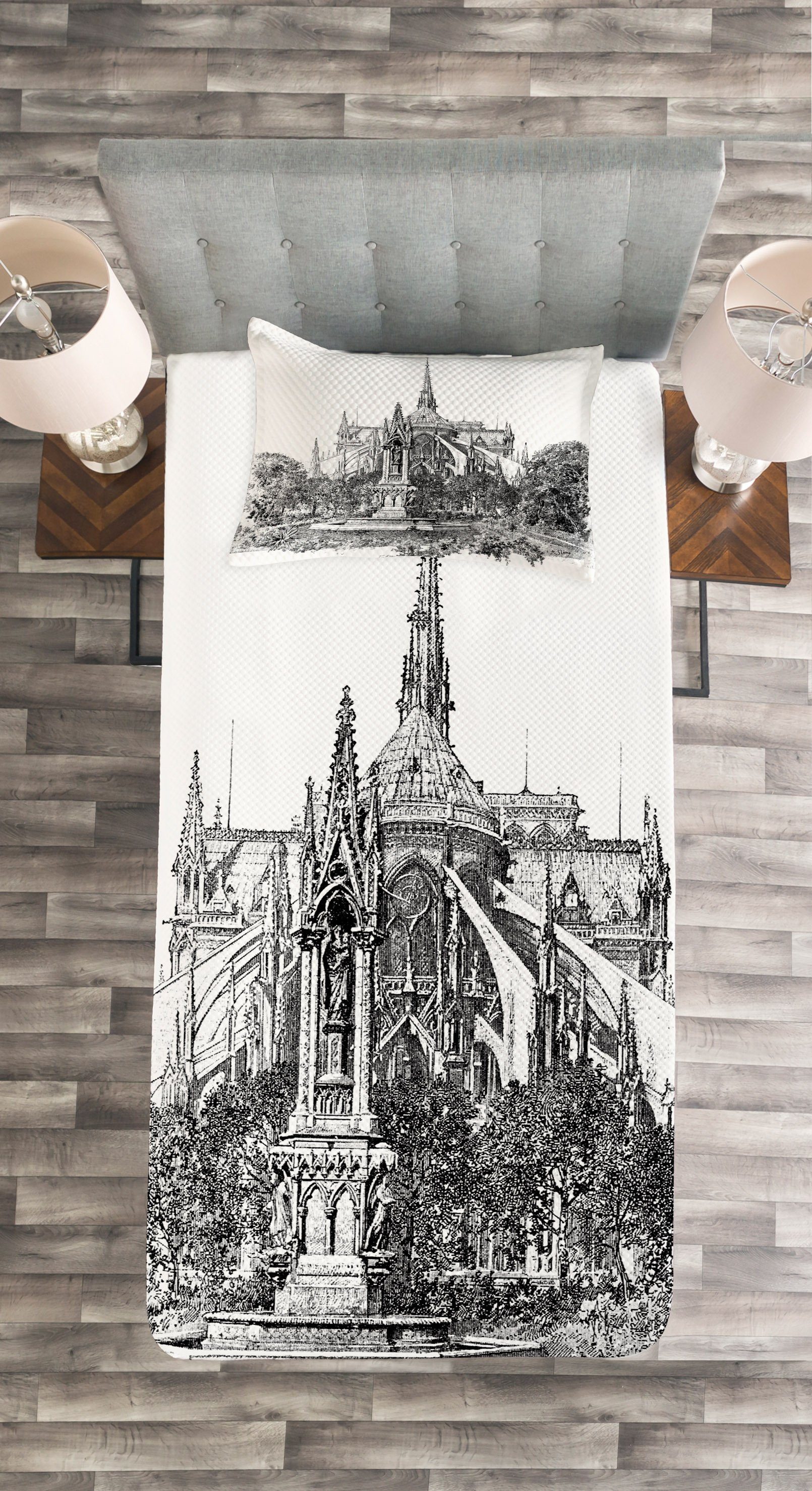 Französisch Landmark Kissenbezügen Set mit Notre Dame Abakuhaus, Historische Tagesdecke Waschbar,
