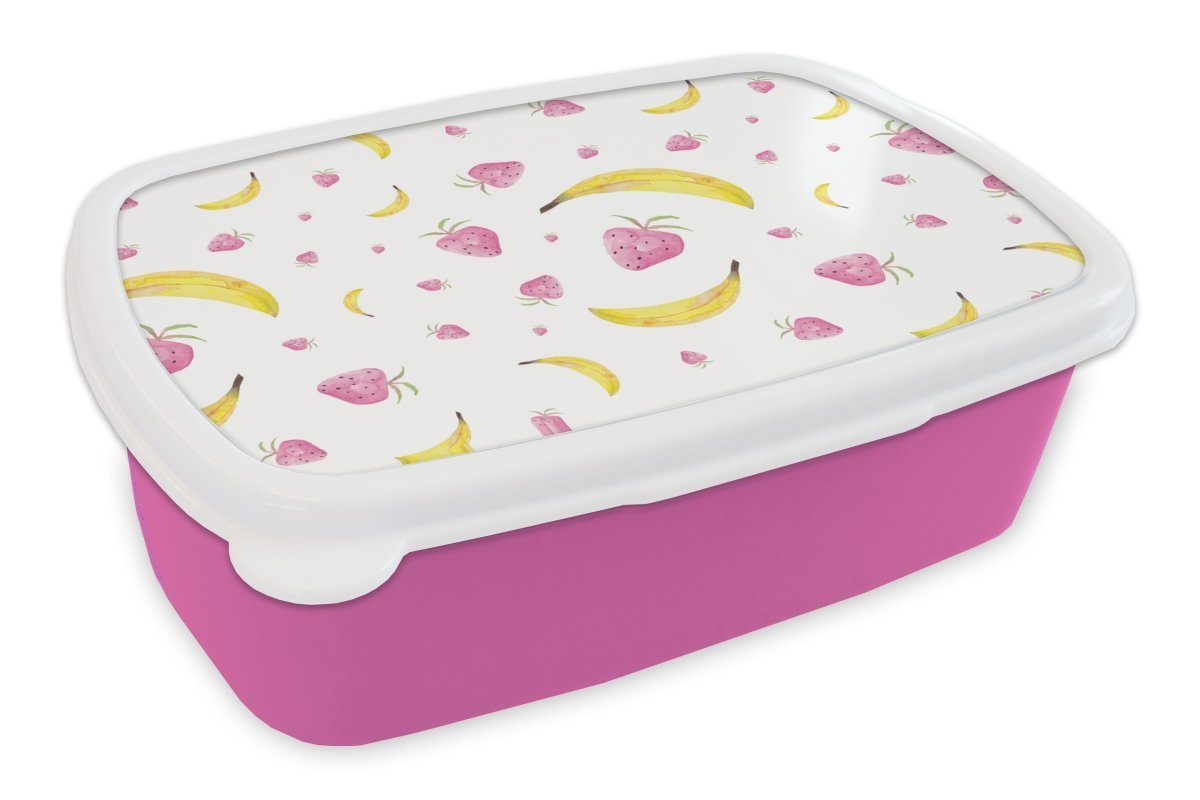 MuchoWow Lunchbox Banane - Erdbeere - Design, Kunststoff, (2-tlg), Brotbox für Erwachsene, Brotdose Kinder, Snackbox, Mädchen, Kunststoff rosa