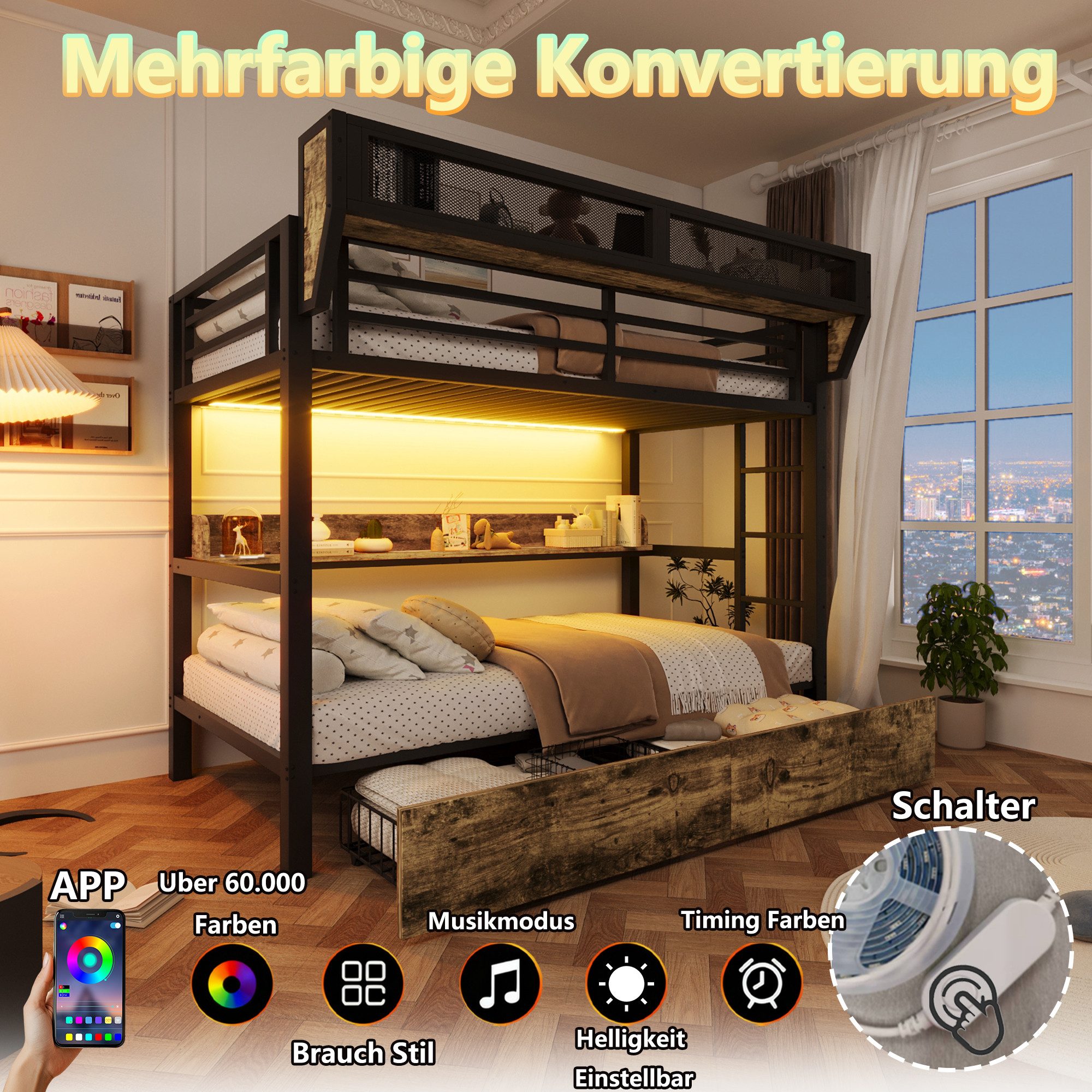 REDOM Etagenbett mit LED-Licht und Stauraum, Metallbett mit Schubladen & Regal (mit Aufbewahrungskorb, Kinderbett Metallbett, Jugendbett 90x200 cm), ohne Matratze