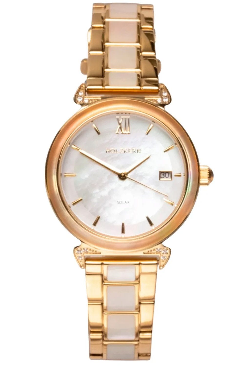 Holzkern Solaruhr Damen-Sunglister Weißes Perlmutt/Goldfarben