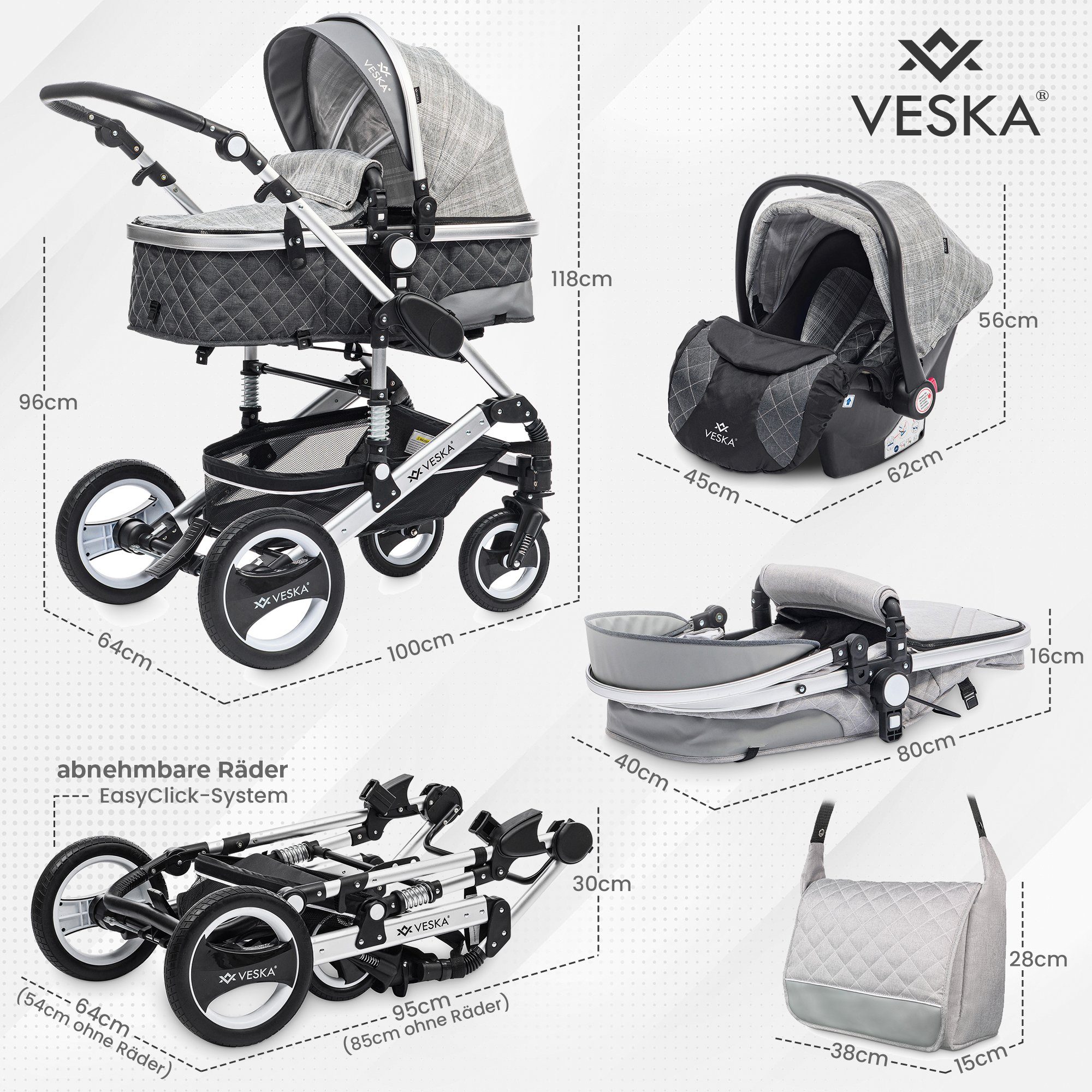VESKA Kombi-Kinderwagen 3in1 inkl. Babyschale, Buggy, Jogger, mit Wickeltasche, Ess&Spieltisch, Moskitonetz, Regencover, Autoschale Fußsack, Aluminiumrahmen