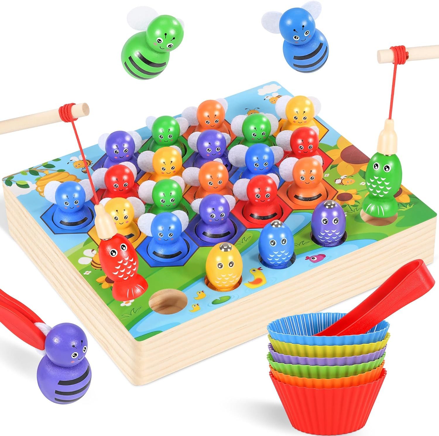 POPOLIC Spielturm-Spielzeugset Biene Holz Sortier Stapelspielzeug, (Montessori Spielzeug), Das perfekte Montessori-Spielzeug für Kinder ab 2 Jahren!