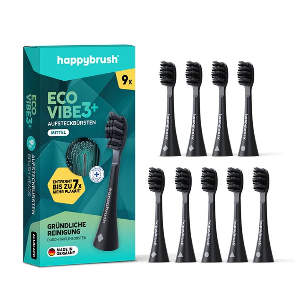 happybrush Aufsteckbürsten V3 AllBlack - mit Wechselindikator - 9 Stück - Spar-Set, für happybrush Eco Vibe 3, hochwertige Triple-Borsten, Wechselindikator