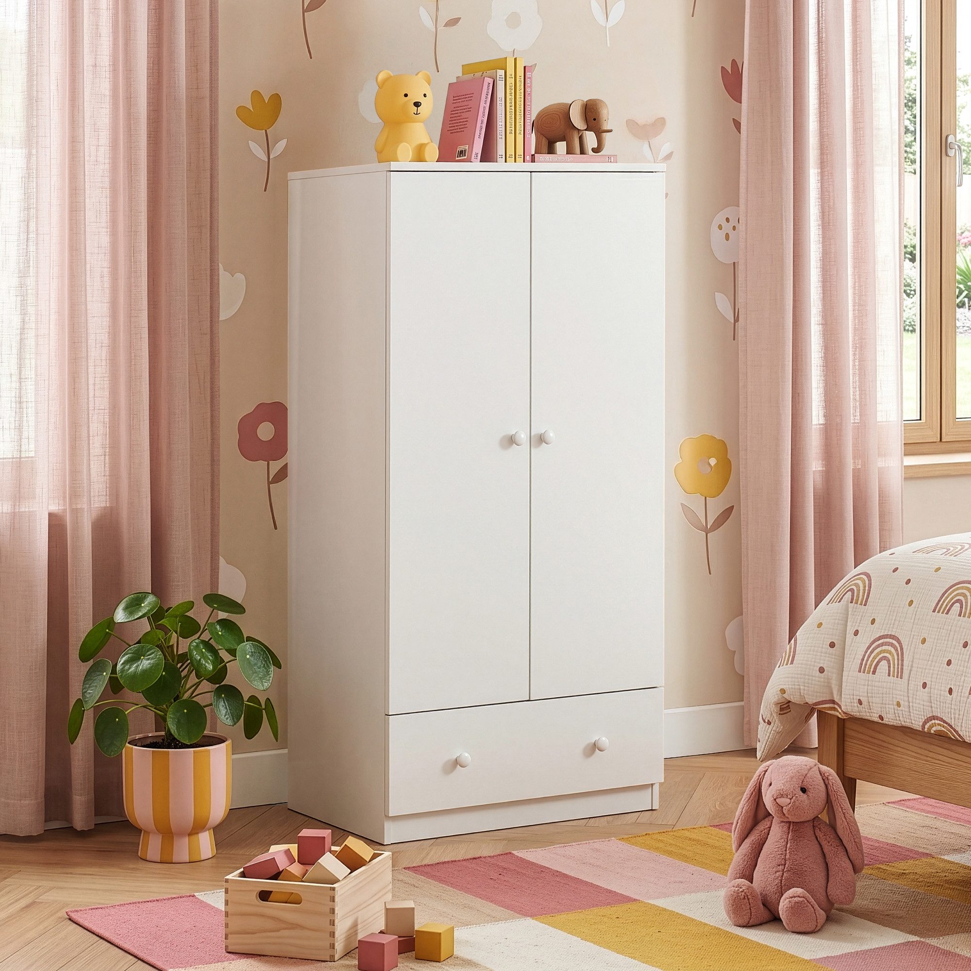en.casa Kinderkleiderschrank »Beldinupp« mit 2 Türen 123 x 60 x 40 cm Schublade Weiß