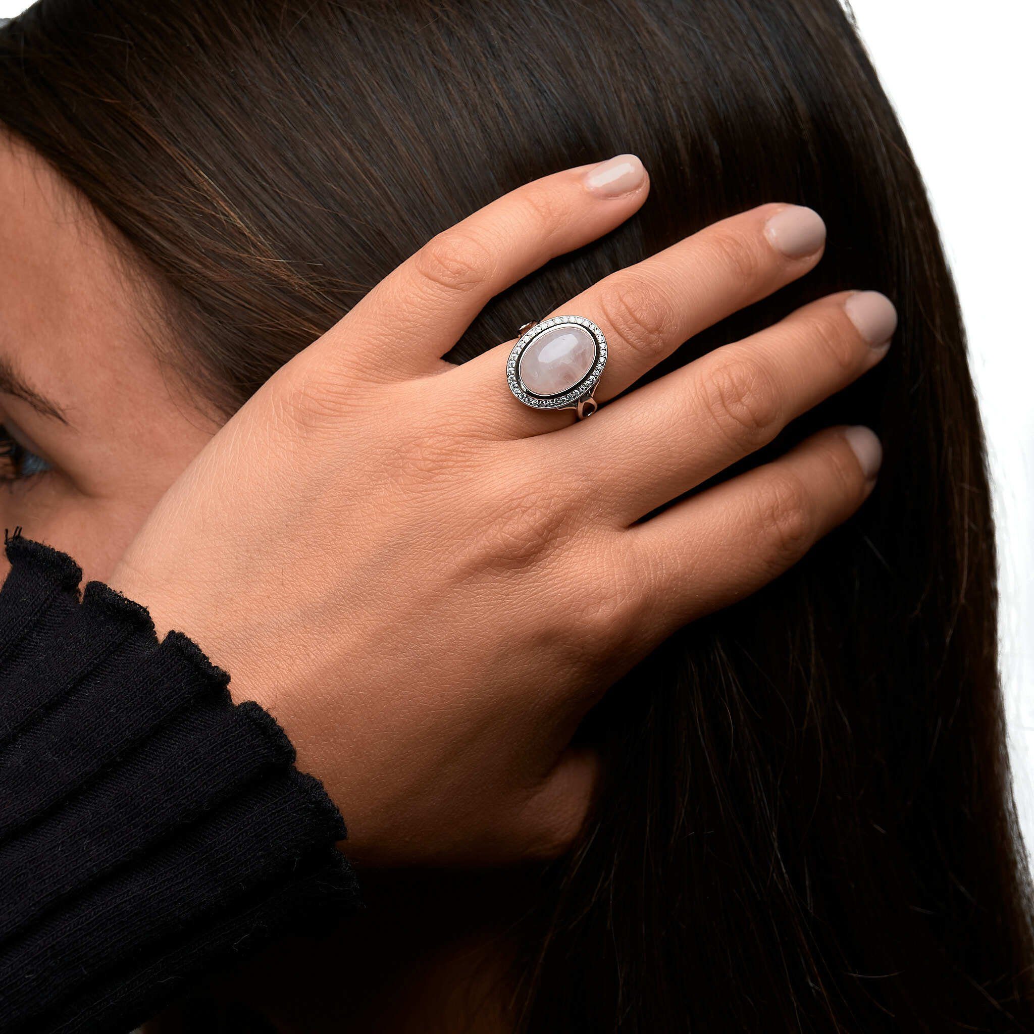 Zeeme Fingerring 925 Sterling Silber rhodiniert mit echtem Rosenquarz Zirkonia