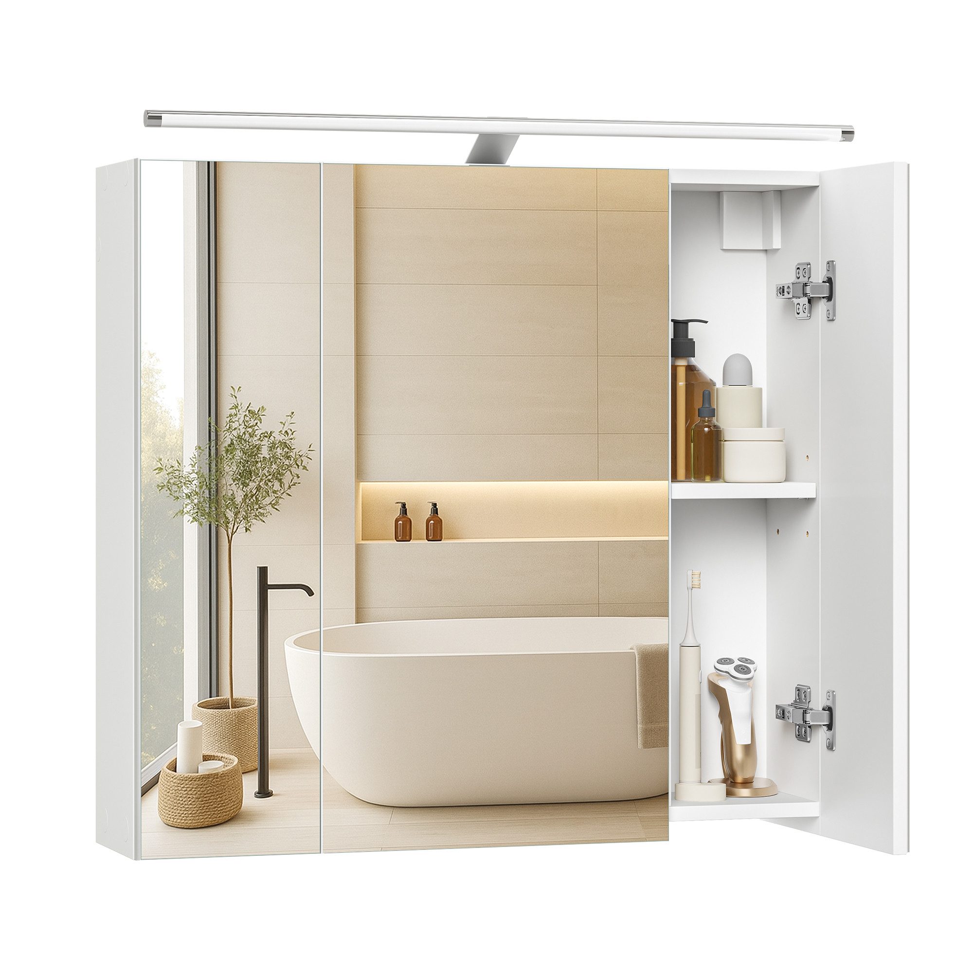 VASAGLE Spiegelschrank Badezimmerschrank mit verstellbaren Ablagen mit 3 Türen 15 x 60 x 55 cm, Bad mit Beleuchtung, moderner Stil, Wandschrank