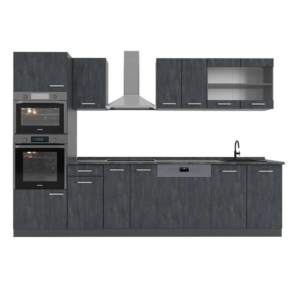 Vicco Küchenzeile R-Line, Schwarz Beton/Anthrazit, 300 cm ohne Arbeitsplatte