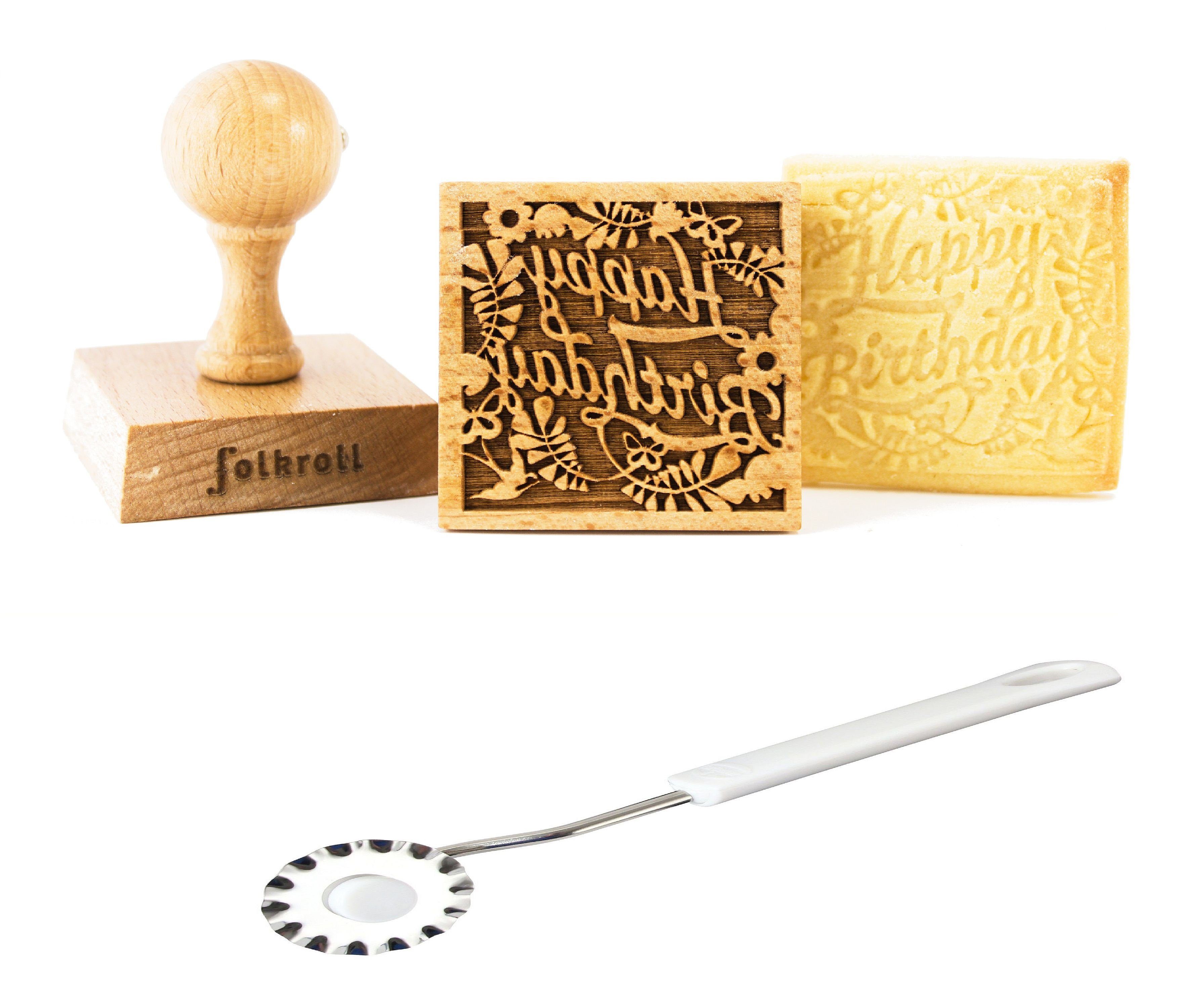 folkroll Gebäckstempel Folkroll Motiv Keksstempel Happy Birthday 5,5 x 5,5cm mit Teigrädchen