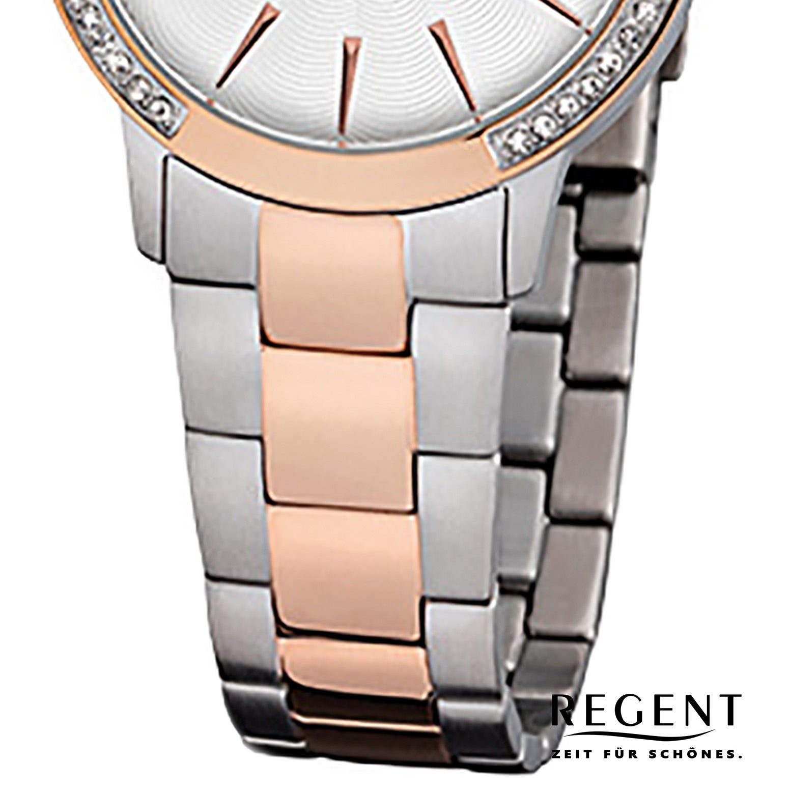 32mm), silber Damen-Armbanduhr mittel Regent rosegold, (ca. Damen Armbanduhr Quarzuhr rund, Regent Edelstahlarmband