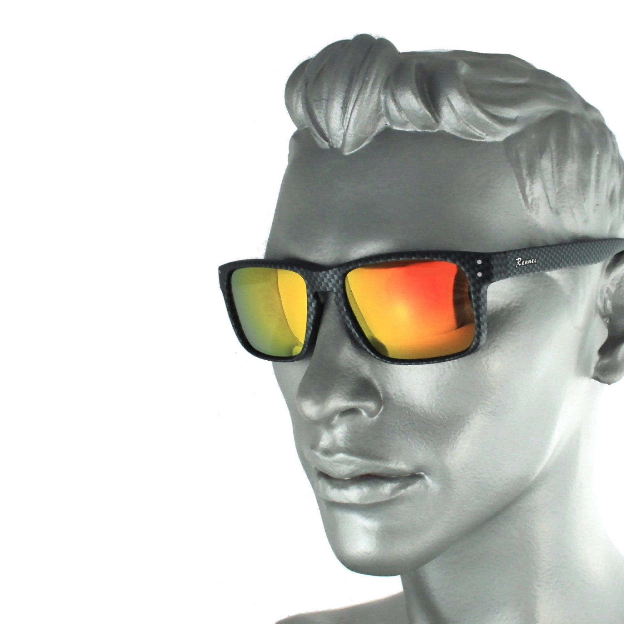 Rennec Sonnenbrille Herren Rechteckig Carbon Design Schwarz Gläser Orange Verspiegelt 3in2 Edelstahl Bügelgelenke, Gläser UV400, Brillenbeutel