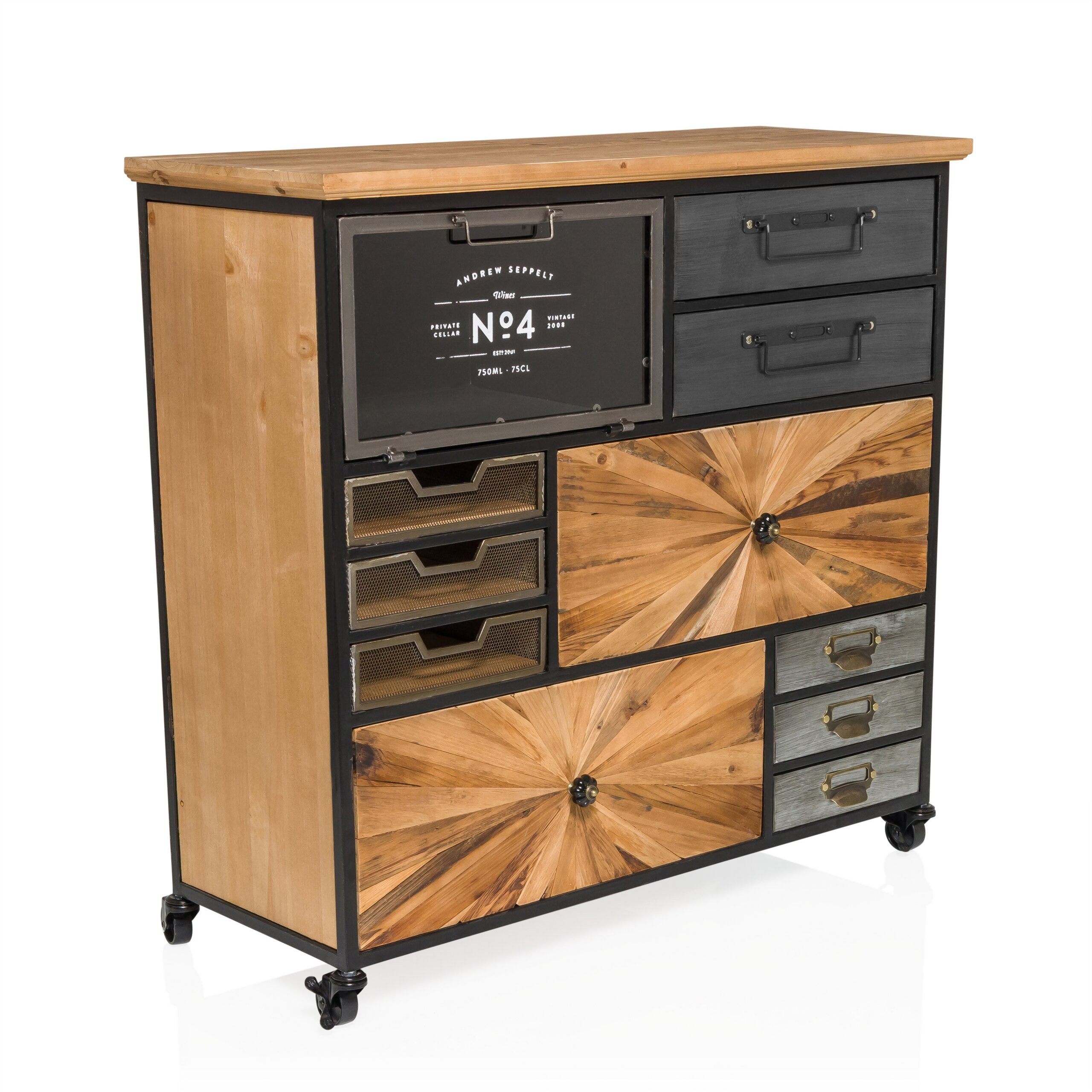 hjh LIVING Sideboard CONTINENTO XL Kommode H/B/T: 84.0 x 88.0 x 34.0 cm, Kommode im Industrial-Stil mit Rollen, Vintage Schubladenkommode