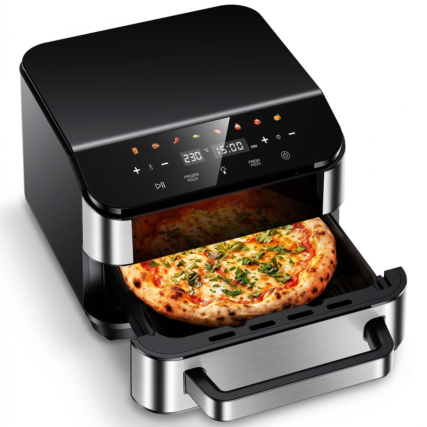 oyajia Heißluftfritteuse 2in1 Pizzaöfen & Airfryer, Pizzaprogramme, 8 Garprogramme, optimale Wärmeverteilung, extra breite Form, mit Sichtfenster, 4L, 2800,00 W, 10 Zoll Steinplatte, Temperatur 40–230°C Timer 1–60 Min, Fettwanne