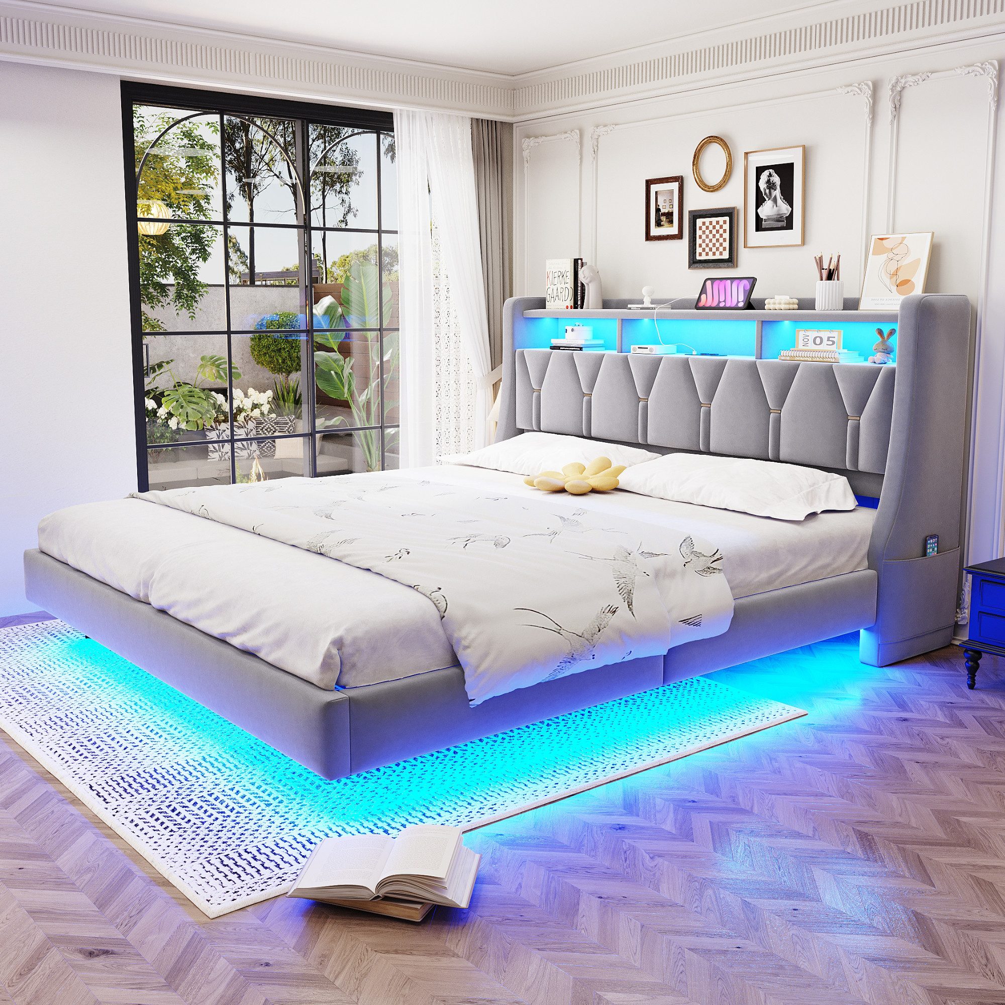 Celya Polsterbett mit LED-Beleuchtung und Steckdose (ohne Matratze, 180 x 200 cm, Umklappbares Kopfteil Mit Steckdose und Ablagefach), Gepolstertes Kopfteil, Ve – Bild 5 von 5